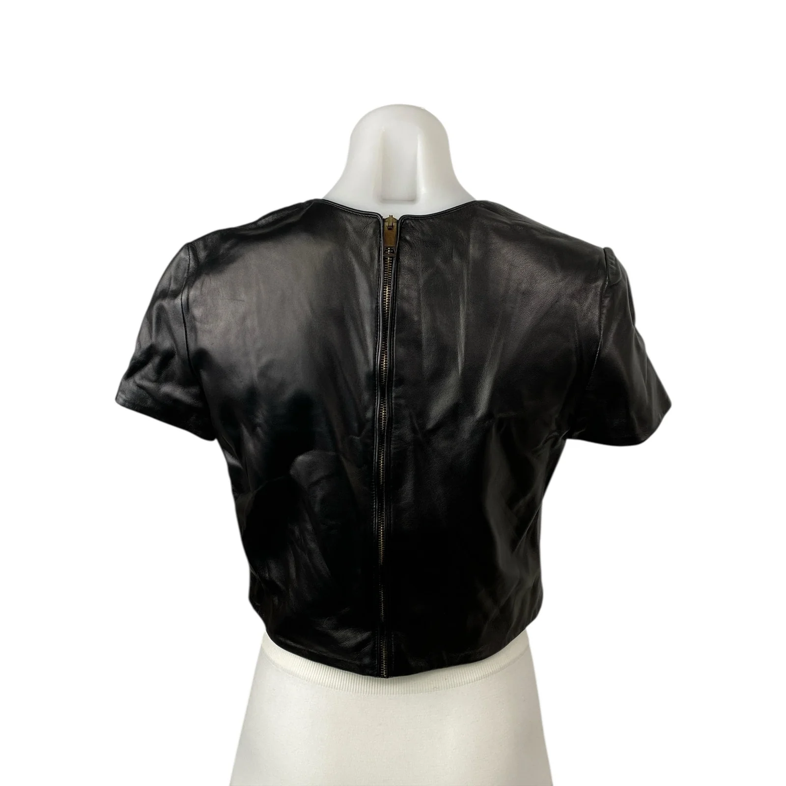 Burberry Women's Black Faux Leather Crew Neck Short Sleeve Crop T-shirt Top Sz 4 - Image 2