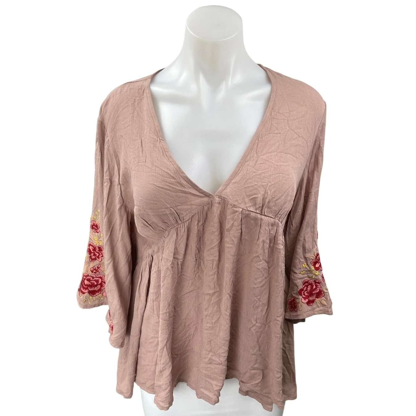 By Together Pink Floral Embroidered Deep V Neck Boho Peplum Blouse Top Size M