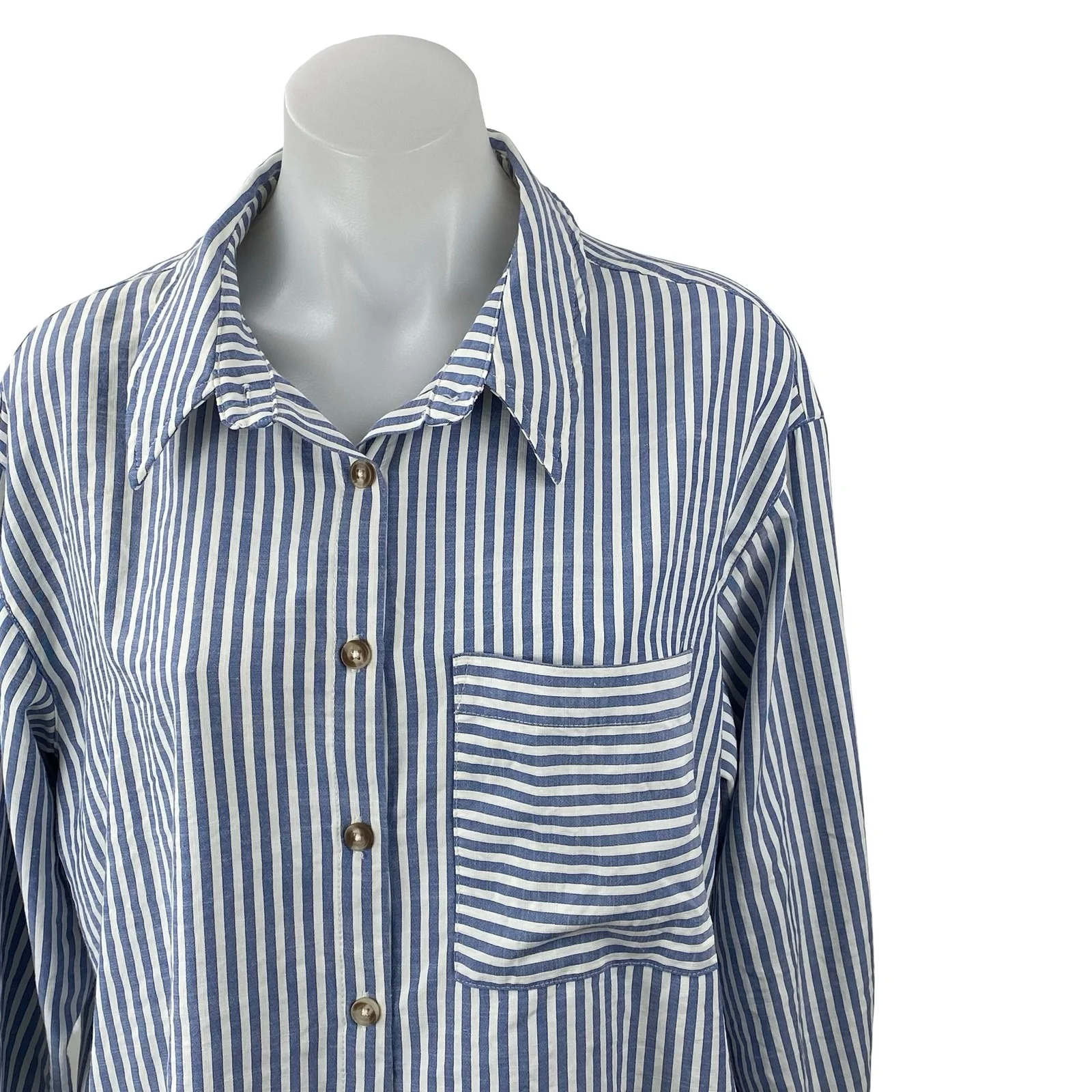 By Together Women's Blue Striped Pocket Long Sleeve Button Down Shirt Top Size S - Image 3