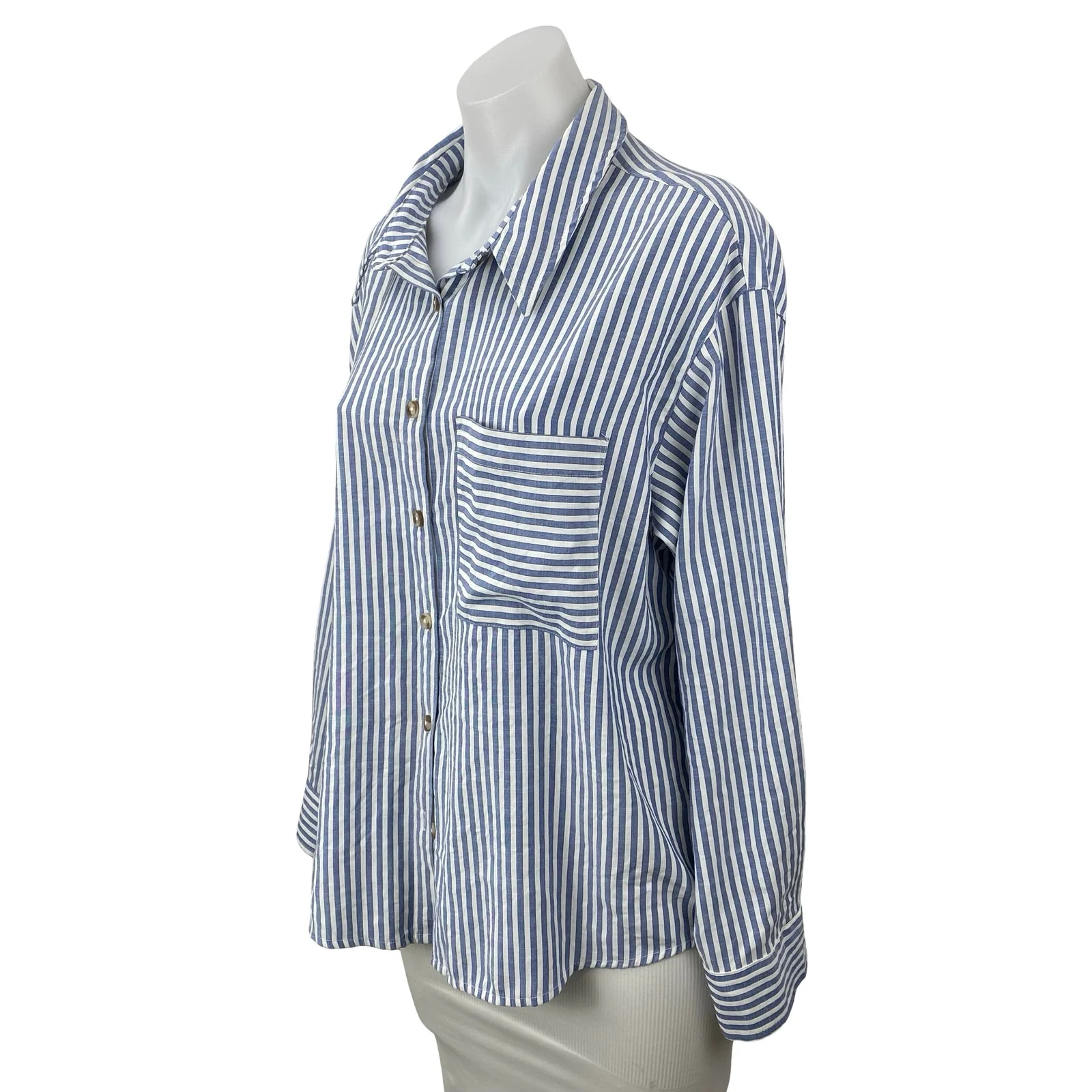 By Together Women's Blue Striped Pocket Long Sleeve Button Down Shirt Top Size S - Image 2
