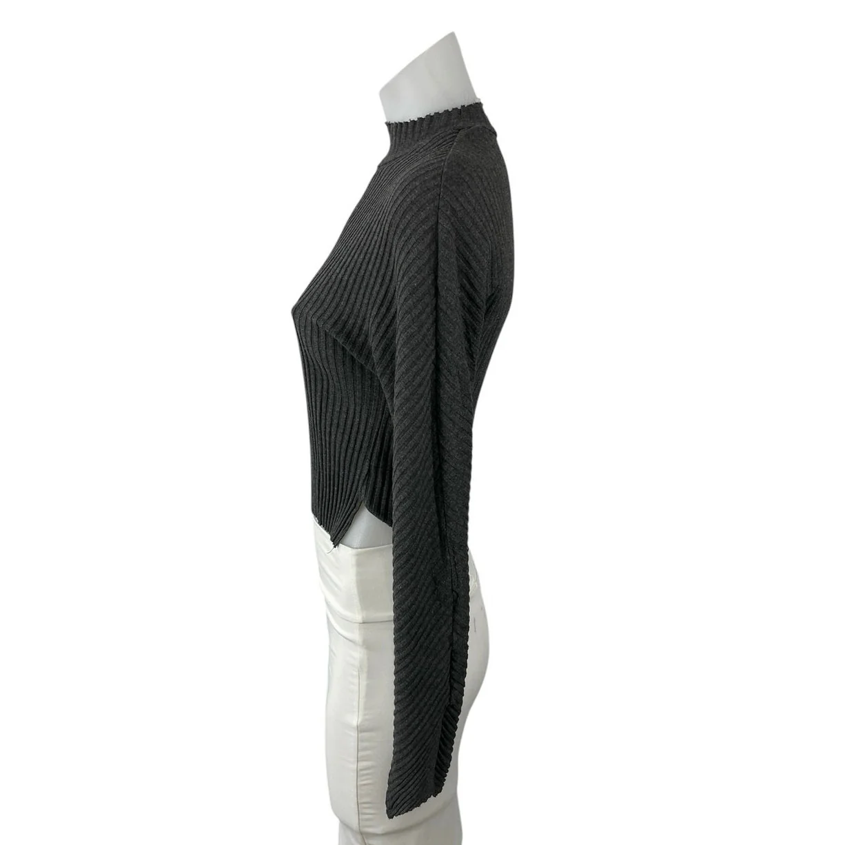 Cale Gray Ribbed Mock Neck Long Sleeve Side Slit Crop Sweatshirt Sweater Top S - Image 2