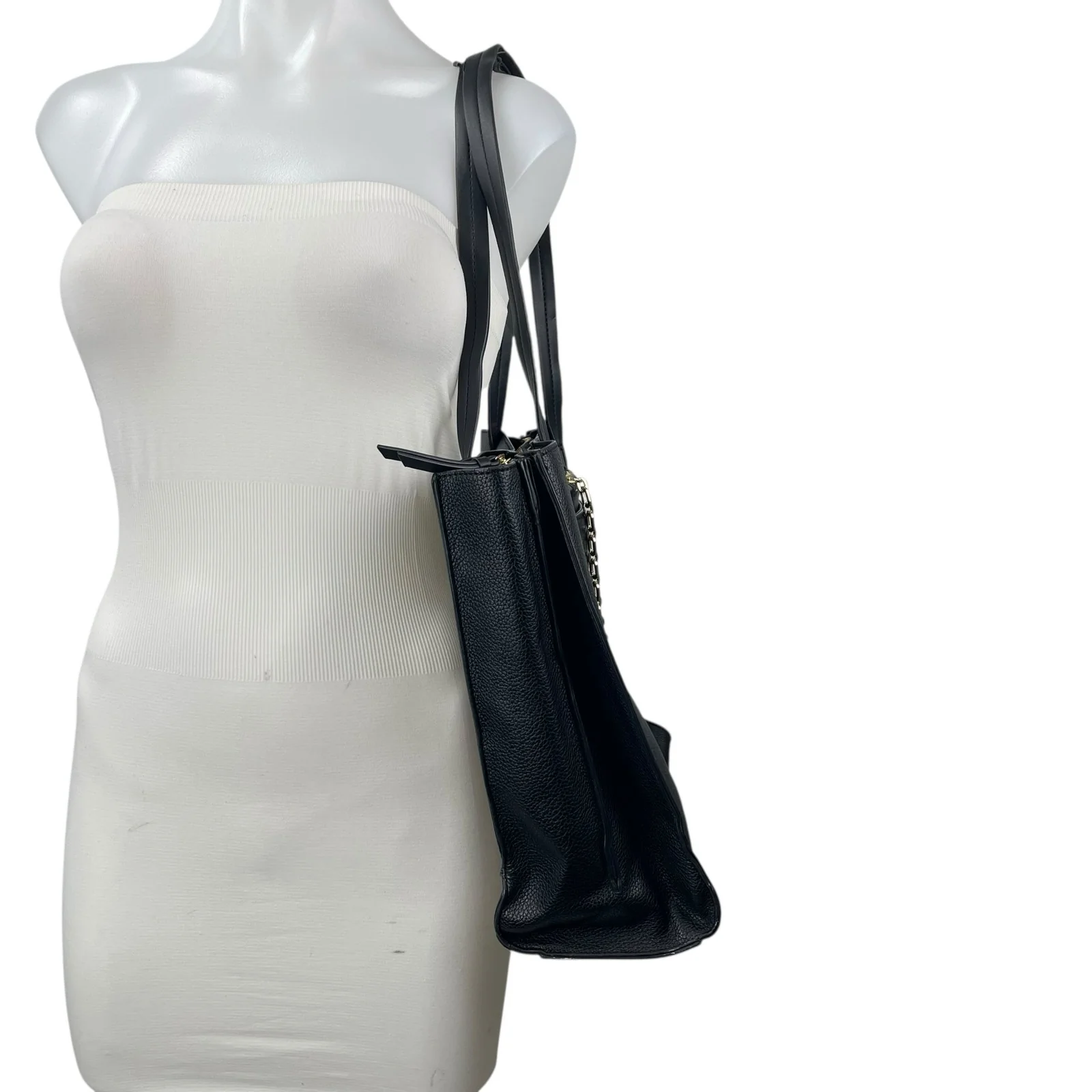 Calvin Klein Anya Signature Chain Black Faux Leather Purse Tote Shoulder Bag OS - Image 10