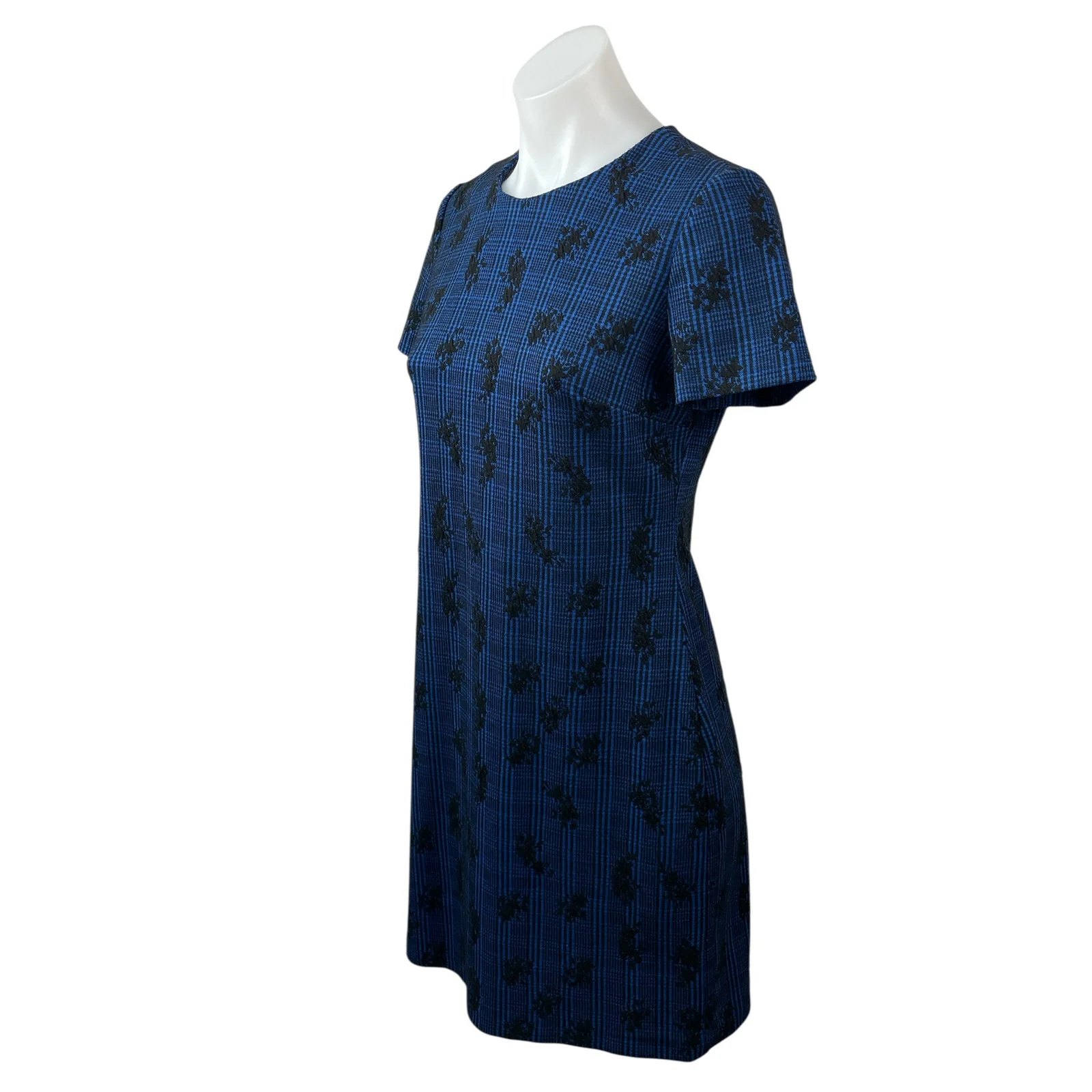 Calvin Klein Blue Black Plaid Floral Embroidered Short Sleeve Sheath Dress S/M - Image 3