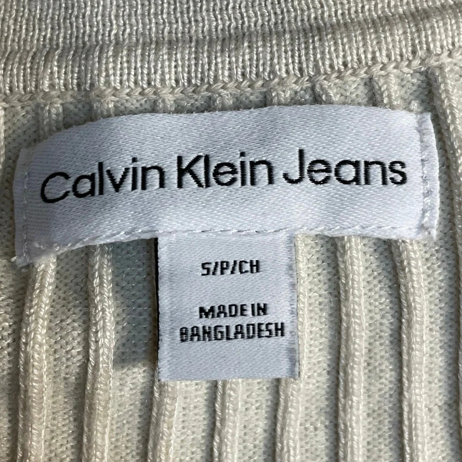 Calvin Klein Jeans White Rib Knit Long Sleeve Collared Sweatshirt Sweater top S - Image 4