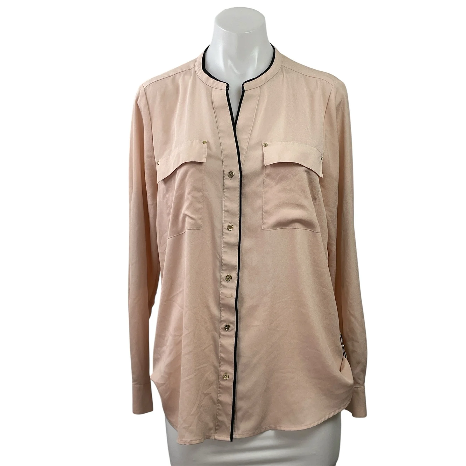 Calvin Klein Women's Pink Mandarin Collar Long Sleeve Button Down Blouse Top M