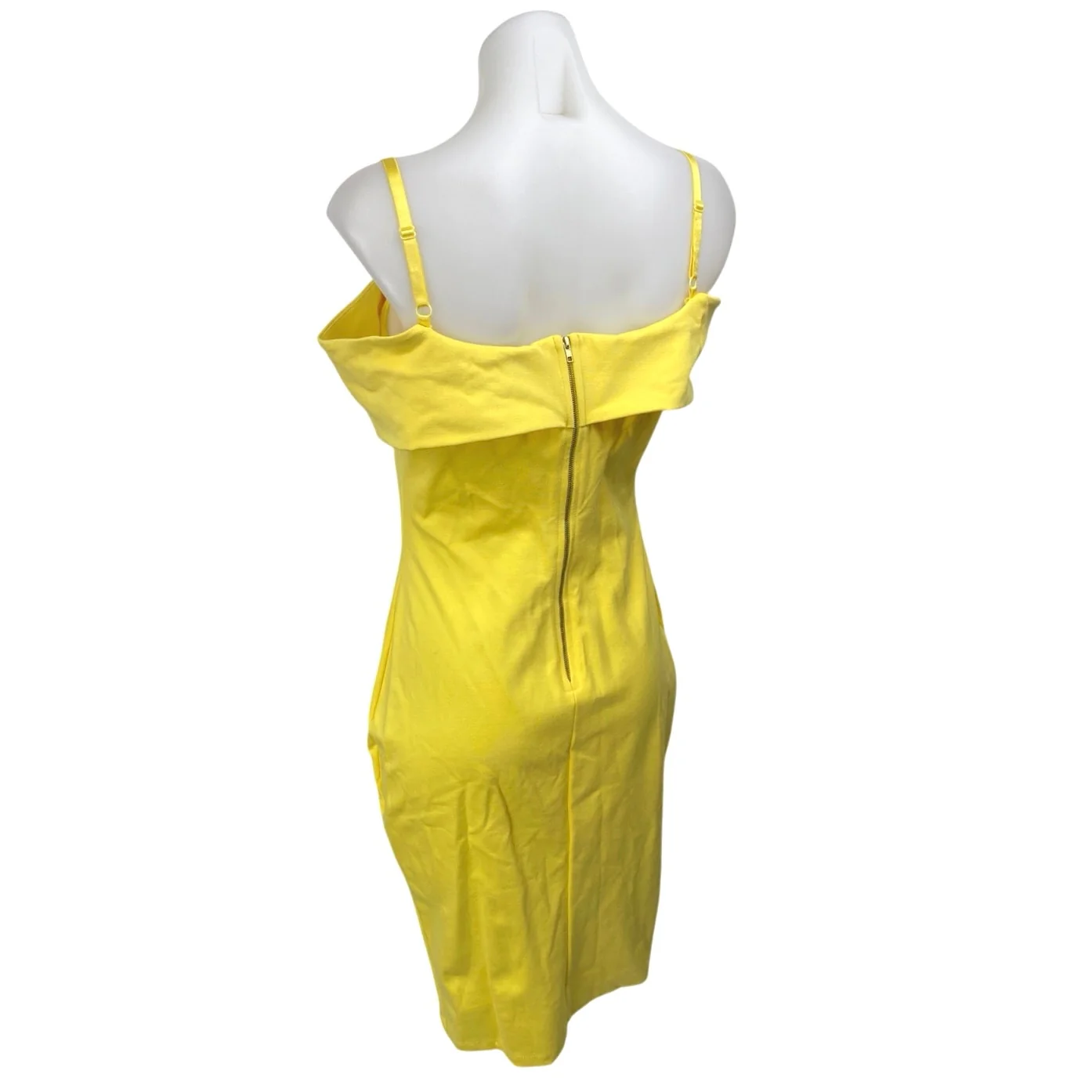 Cameo Yellow Off Shoulder Sweetheart Neck Zipper Mini Pencil Bodycon Dress Sz L - Image 2