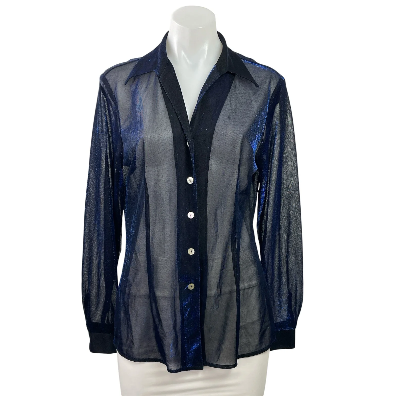 Camille Claudel Blue Sheer Mesh Metallic Sparkly Long Sleeve Button Up Shirt L