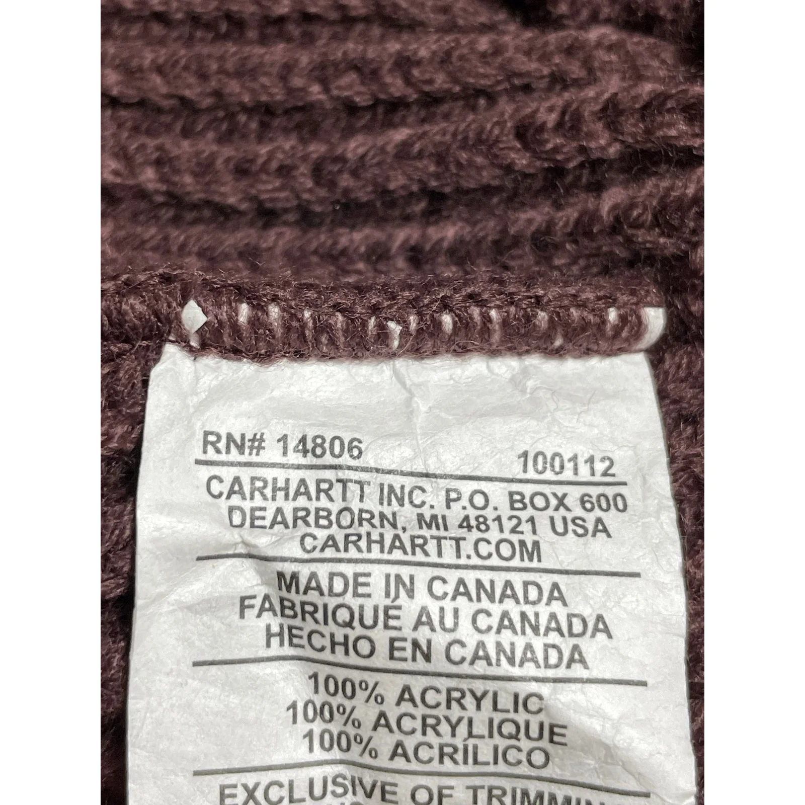 Carhartt Women's Brown Ribbed Knit Logo Cuffed Snow Bonnet Beanie Size OS - Image 3