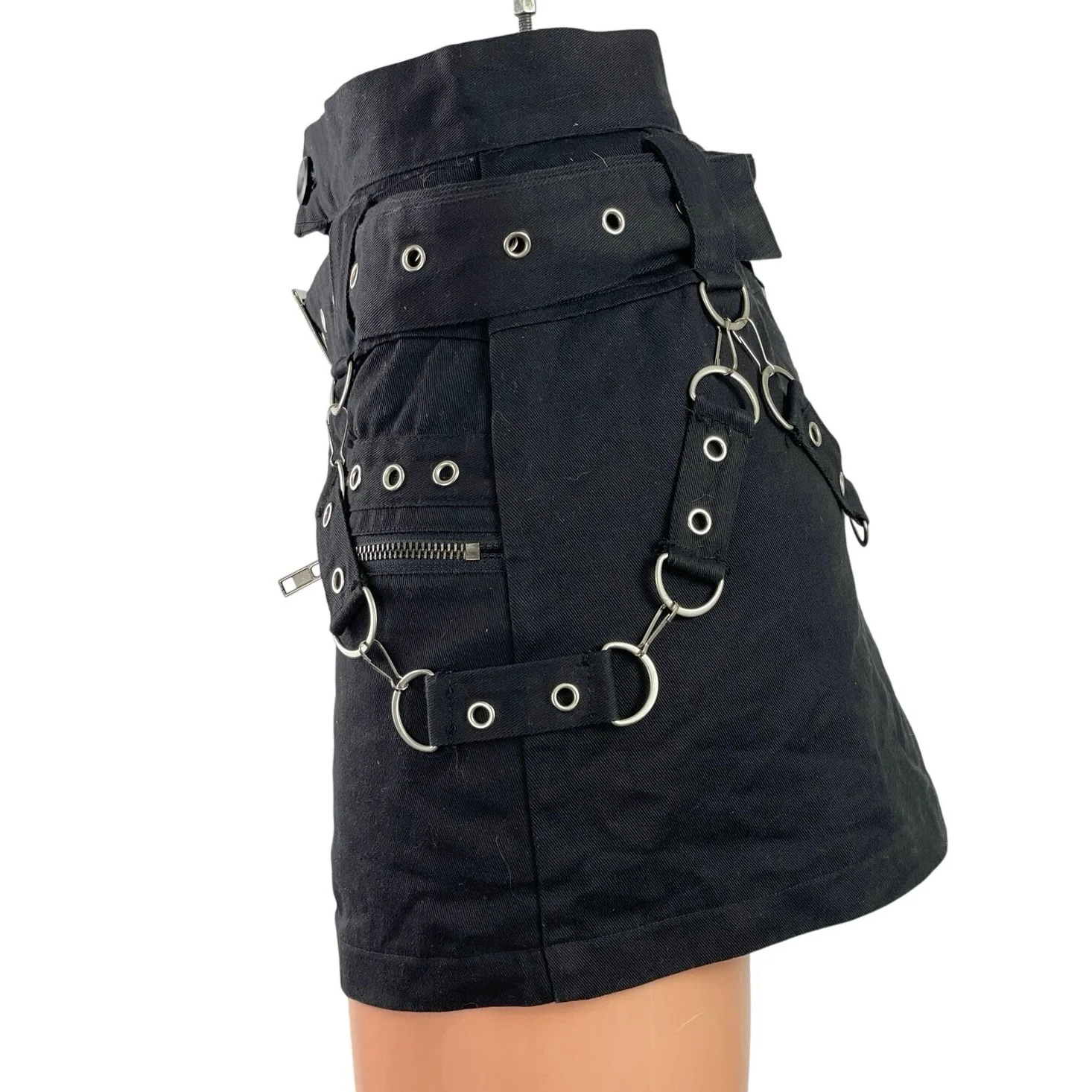 Carmar Black Buckle Ring Stud High Waist Belt Grunge Punk Mini Skirt Size 4 - Image 2