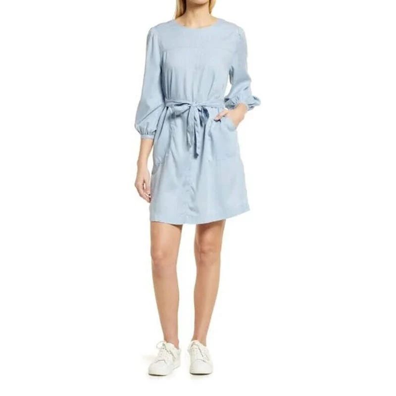 Caslon Blue Tencel 3/4 Sleeves Belted Jewel Neck Pockets Mini Casual Dress Sz XS - Image 4