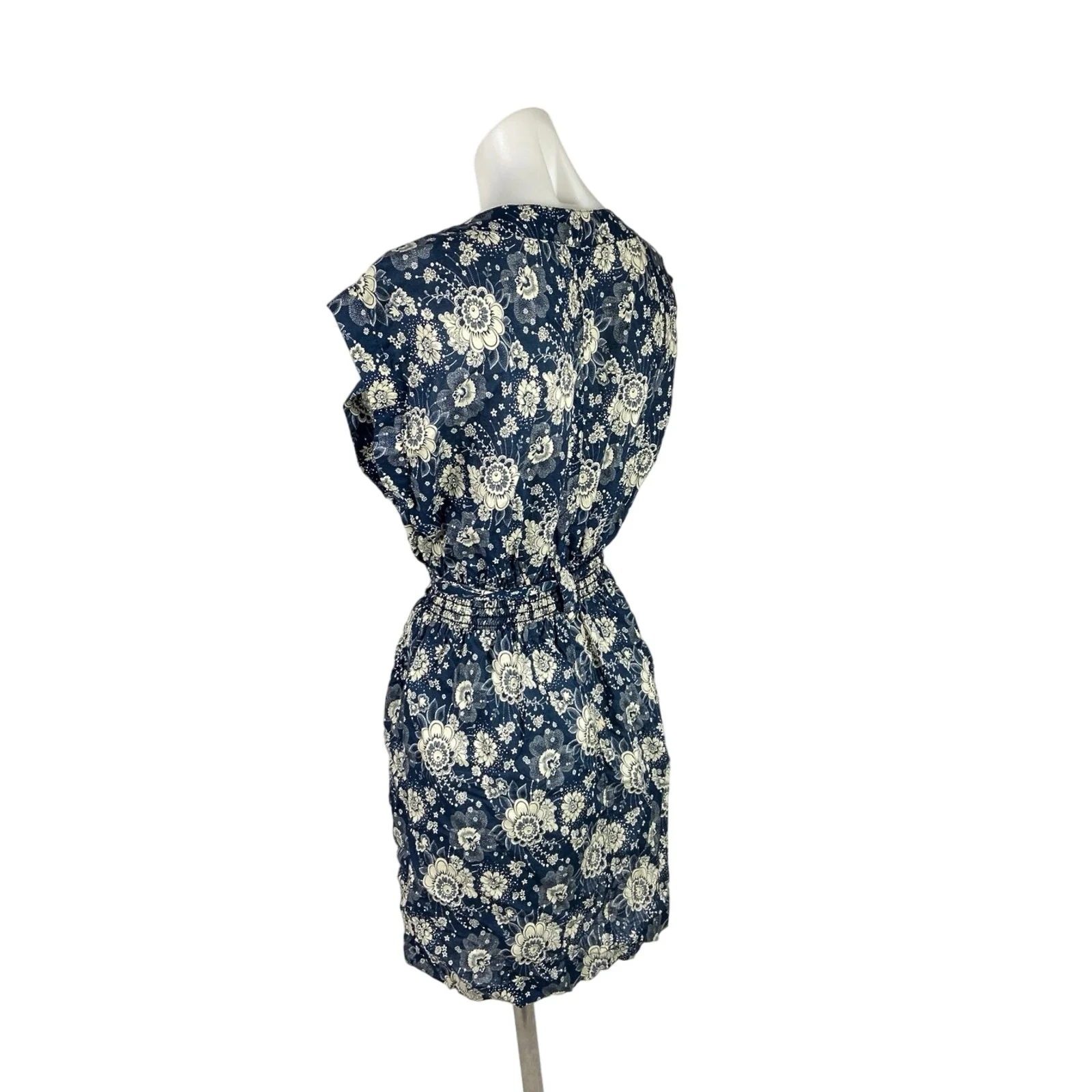Castro Blue Floral Print Sleeveless Pearl Button Elastic Waist Mini Dress Sz 12 - Image 2