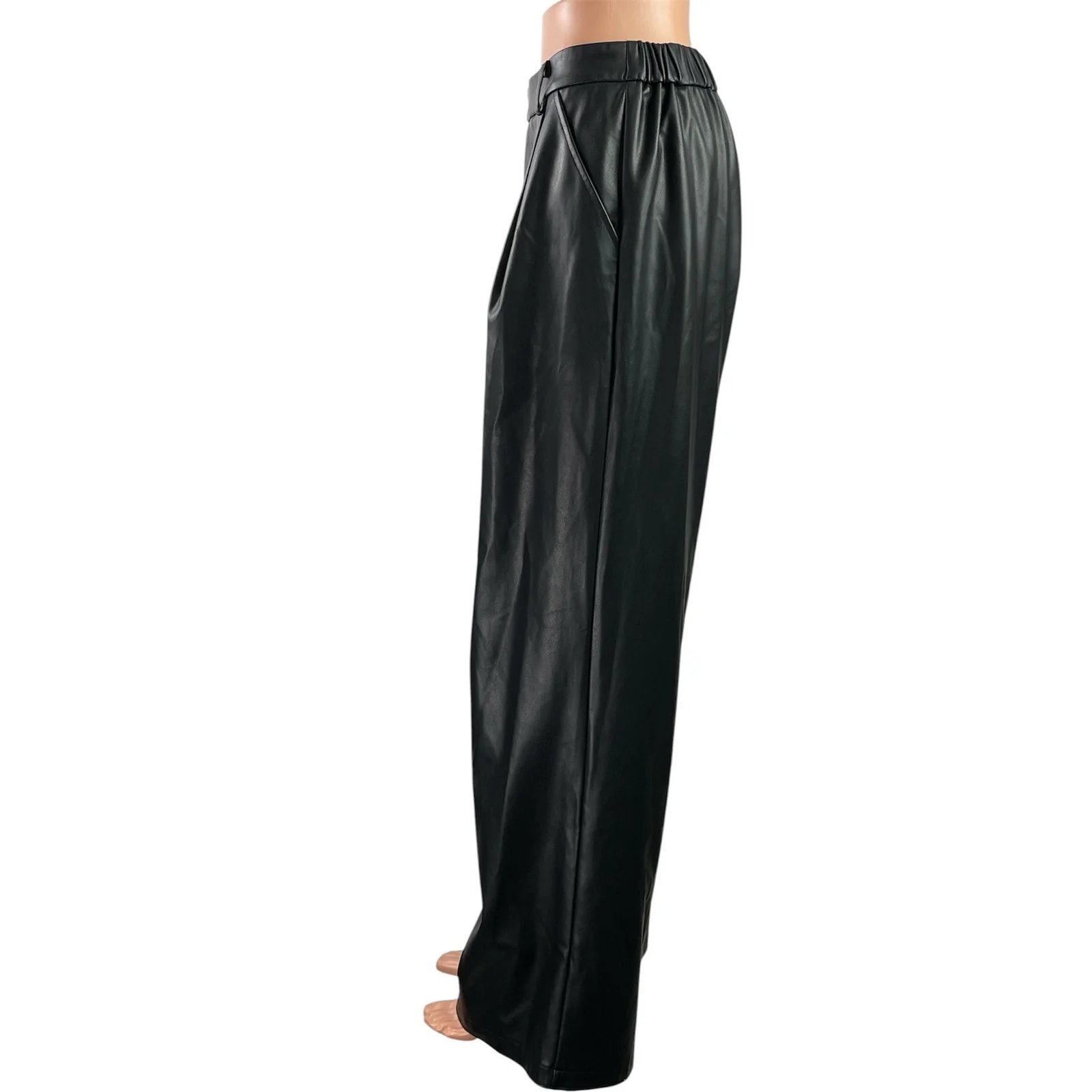 CDI Women's Black Faux Leather Vegan High Rise Wide Leg Trousers Pants Size M - Image 2