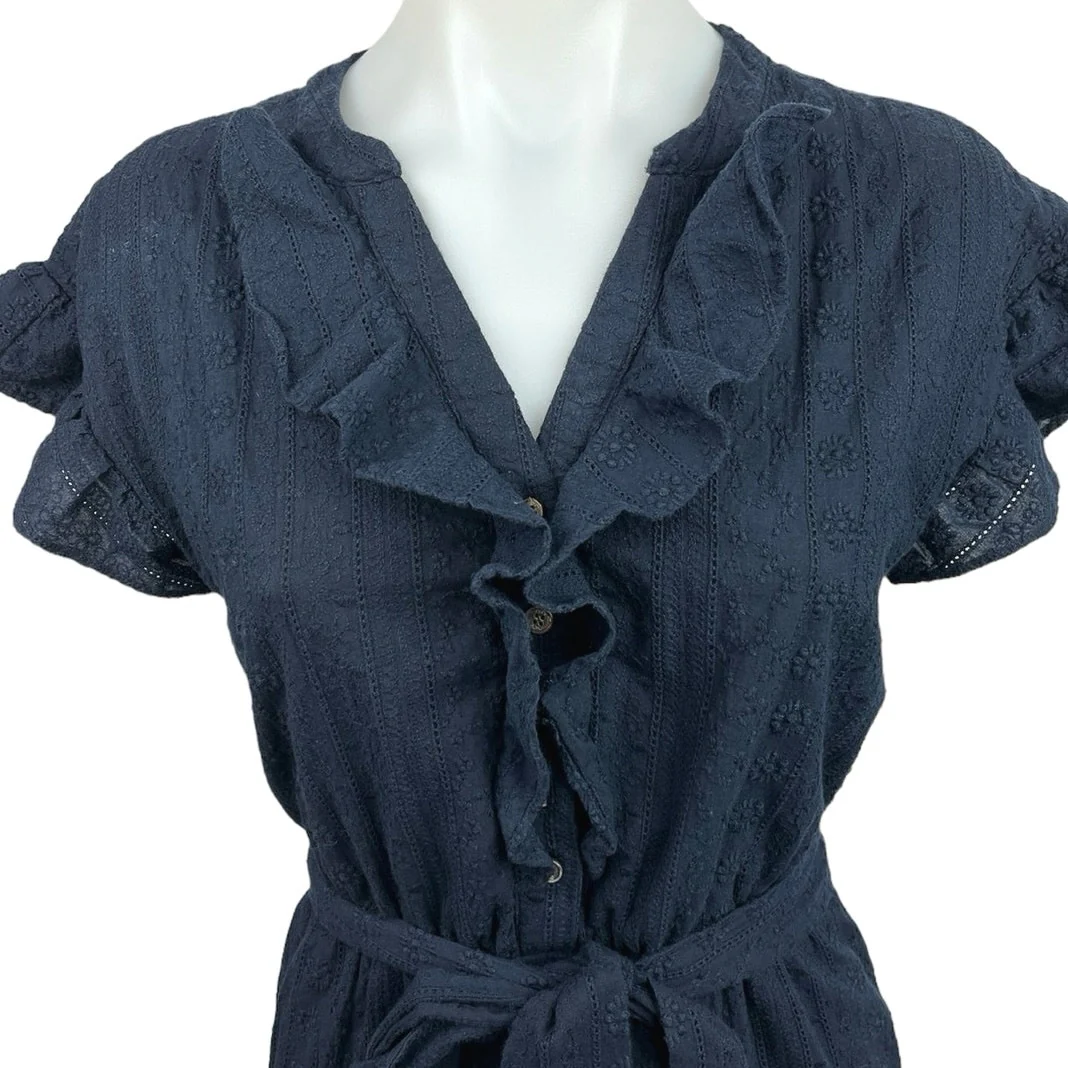 Cece Black V Neck 100% Cotton Ruffle Belted Button Front A Line Mini Dress Sz XS - Image 3