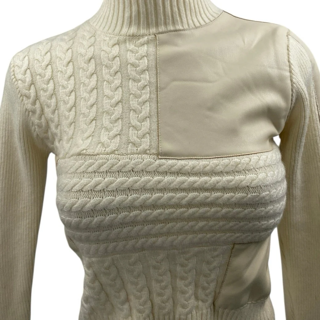 Central Park West Cream White Cable Knit Turtleneck Long Sleeve Crop Sweater XS - Image 3