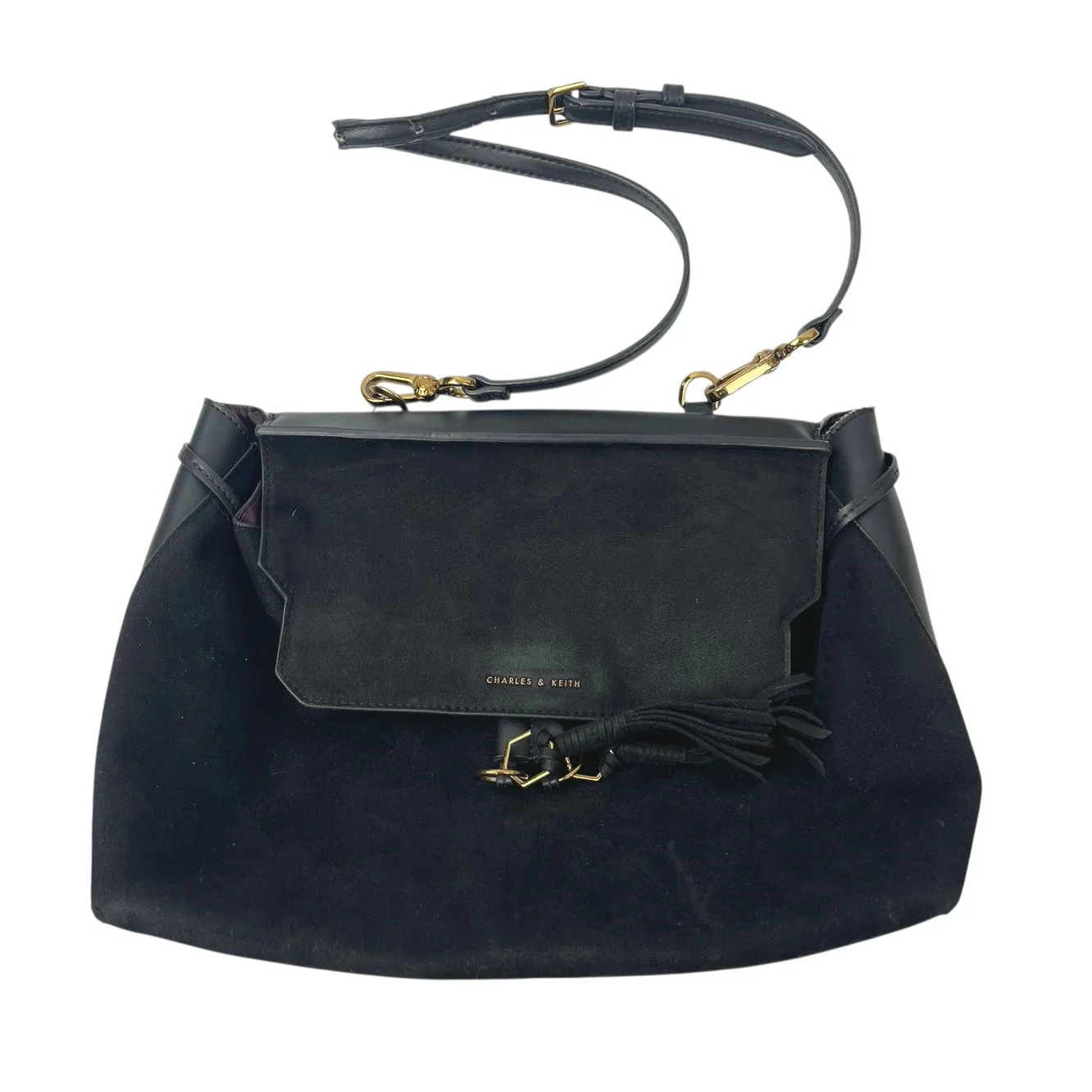 Charles & Keith Black 2-Way Tassel Faux Leather Shoulder Front Flap Backpack OS - Image 2