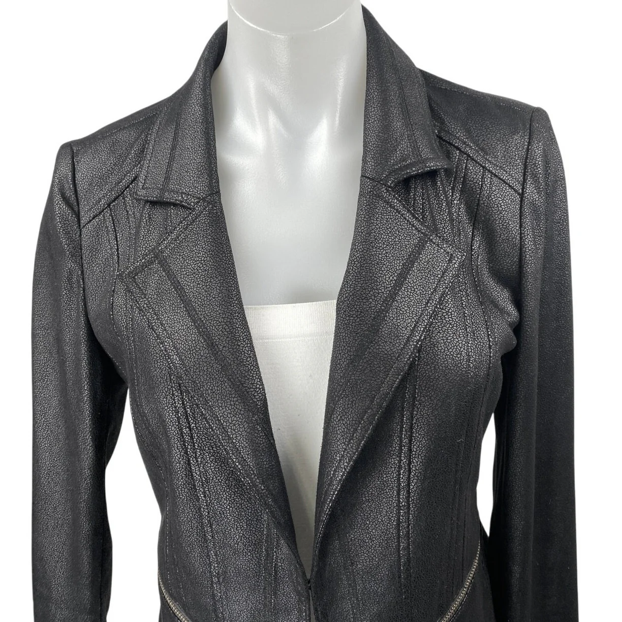 Charlie B Black Faux Vegan Leather Long Sleeve Collared Moto Coat Jacket Size XS - Image 3