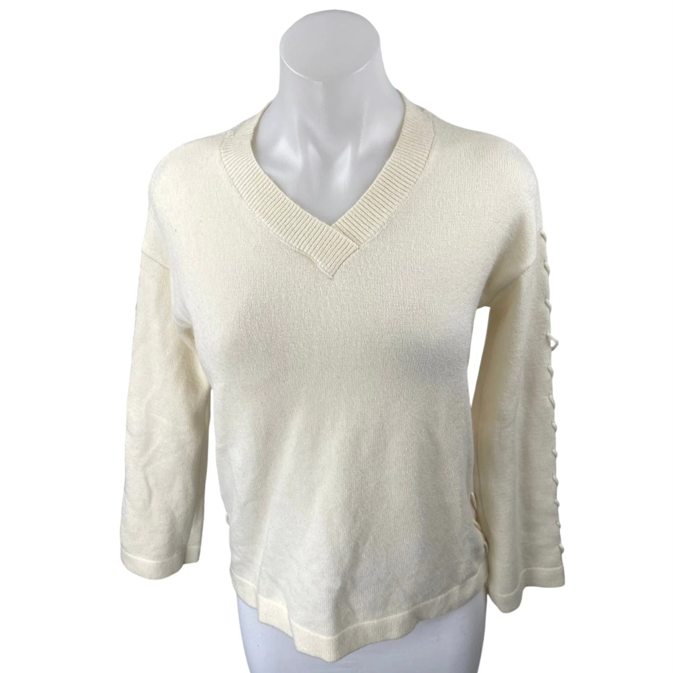 Charlie B Women's Cream White Knit Lace Up Long Sleeve V-Neck Sweater Top XS - Image 2