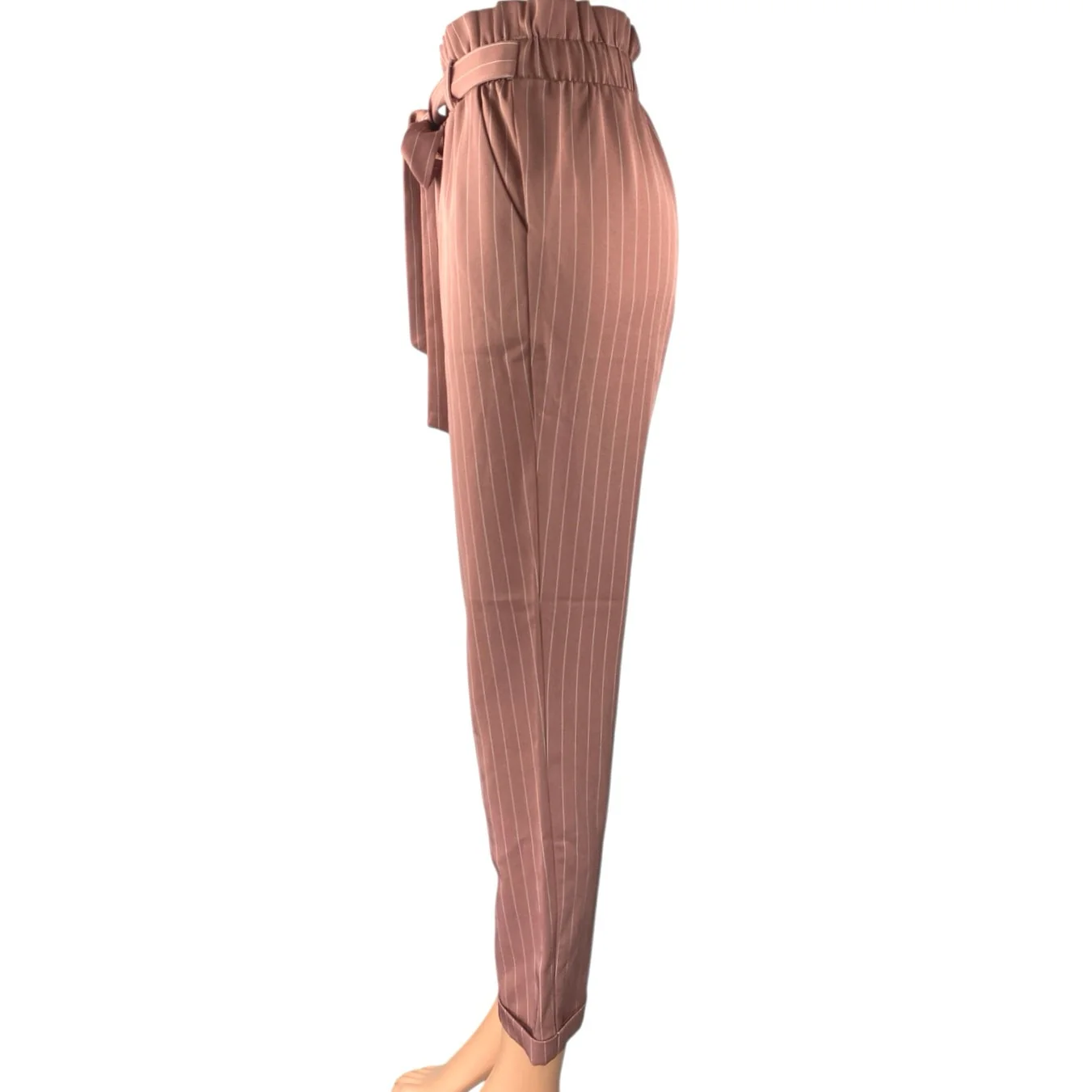 Charlotte Russe Pink Pinstriped Tapered High Waist Paperbag Trousers Pants Sz XS - Image 2