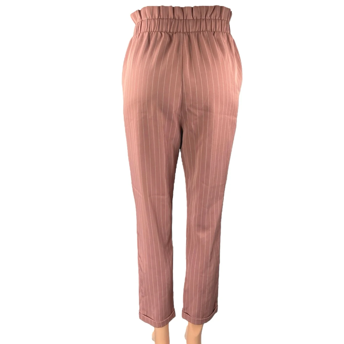 Charlotte Russe Pink Pinstriped Tapered High Waist Paperbag Trousers Pants Sz XS - Image 3