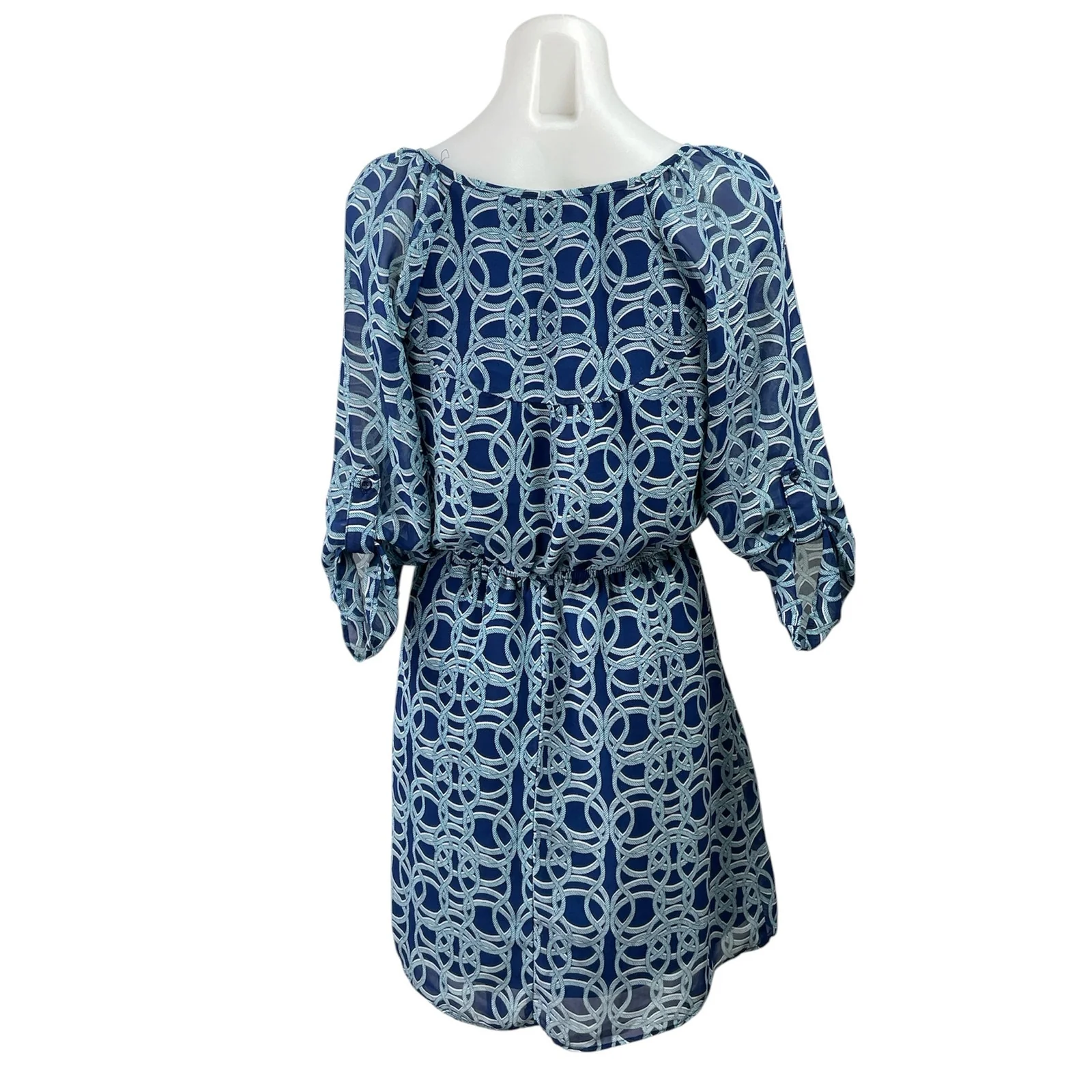 Charming Charlie Blue Geometric 3/4 Sleeve Scoop Neck Mini Blouson Dress Size S - Image 3