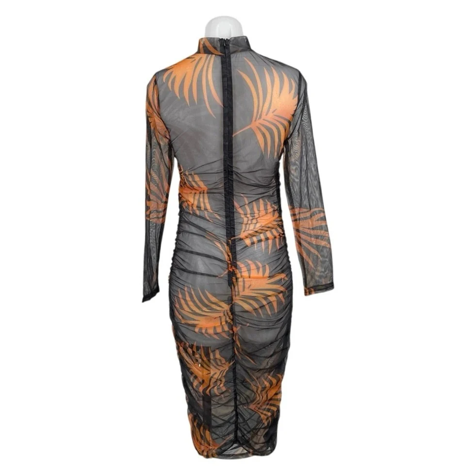 Chicme Tropical Sheer Mesh Tulle Cover Up Summer Midi Sheath Bodycon Dress Sz L - Image 4