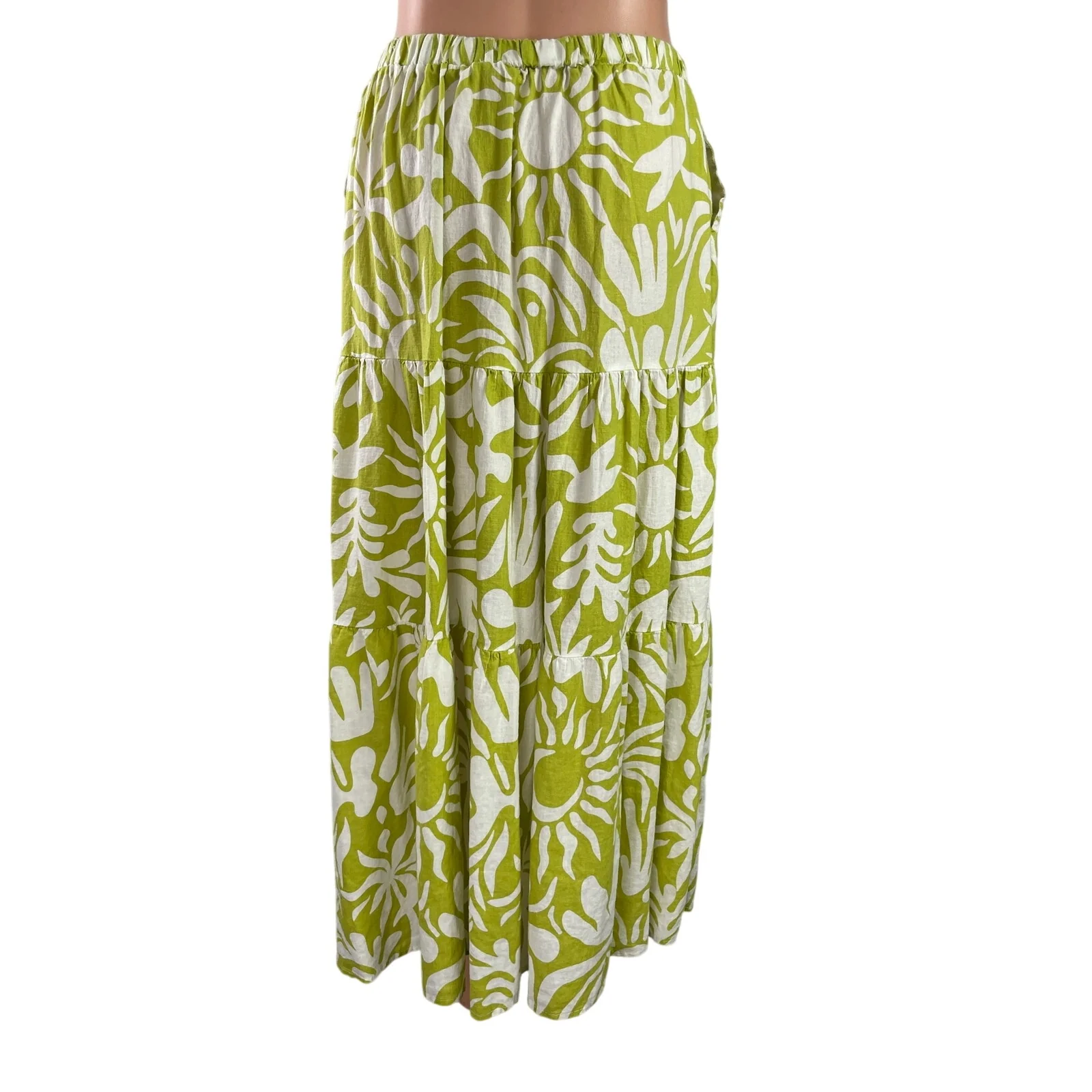 Christian Siriano Womens Green Floral Elastic Waist Tiered Midi A-Line Skirt L - Image 3