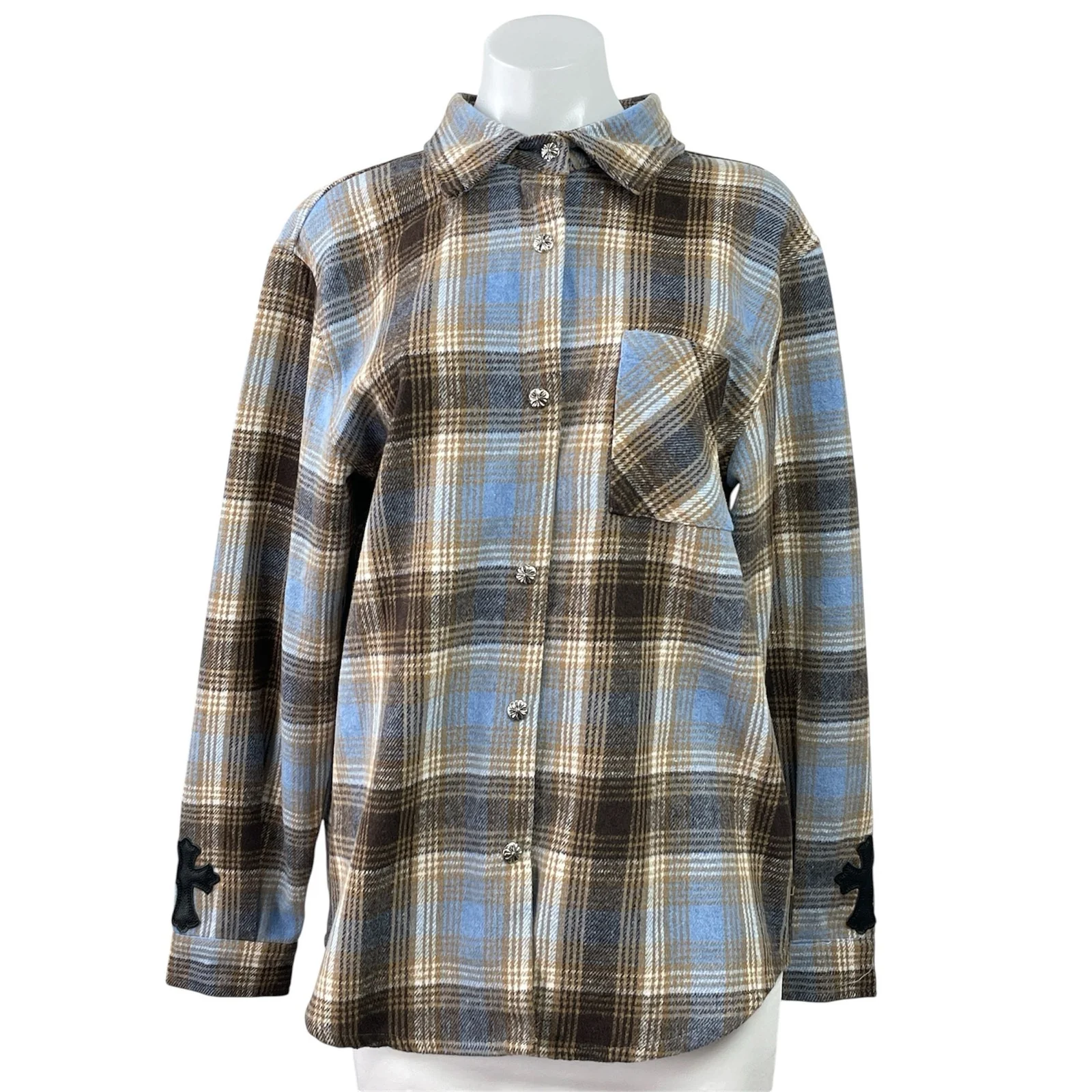 Chrome Hearts Brown Plaid Flannel Leather Cross Patch Button Down Shirt Top Sz L