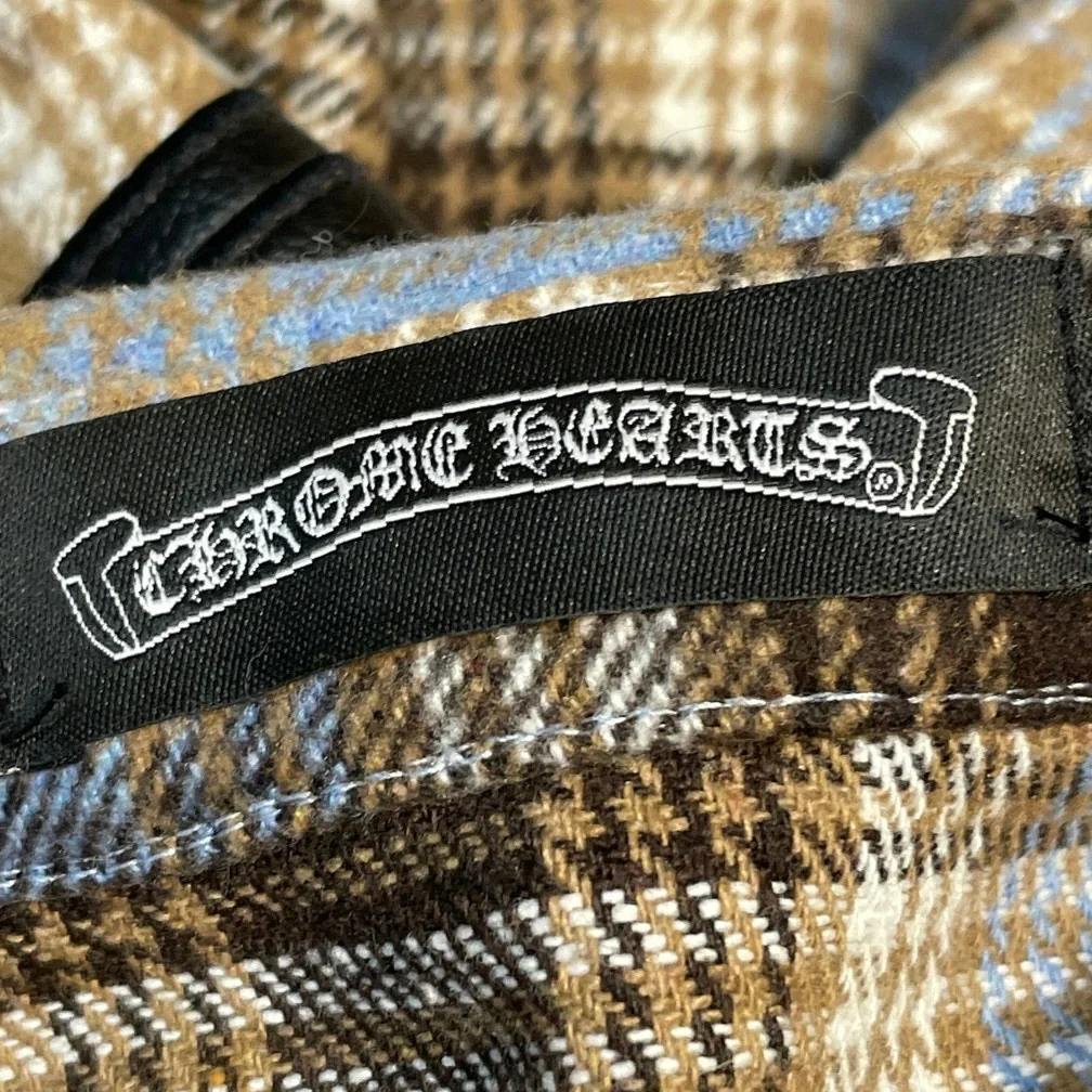 Chrome Hearts Brown Plaid Flannel Leather Cross Patch Button Down Shirt Top Sz L - Image 4