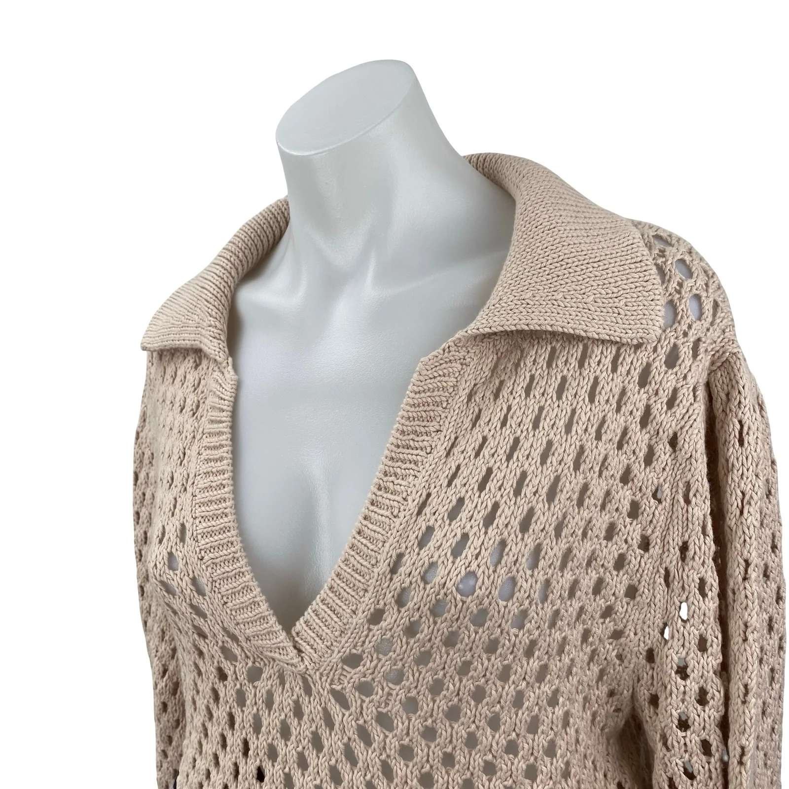 Chufy Women's Beige Crochet Knit Collared Long Sleeve Sweatshirt Sweater Top M - Image 2