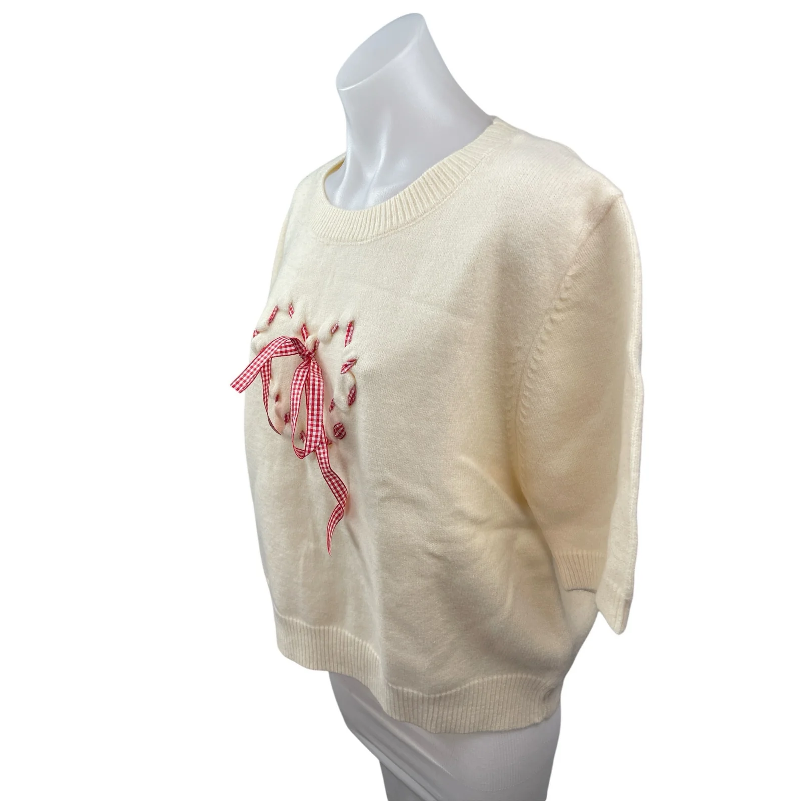 Cider Cream Gingham Check Heart Bow Tie Short Sleeve Knit Sweater Top Size 4XL - Image 2
