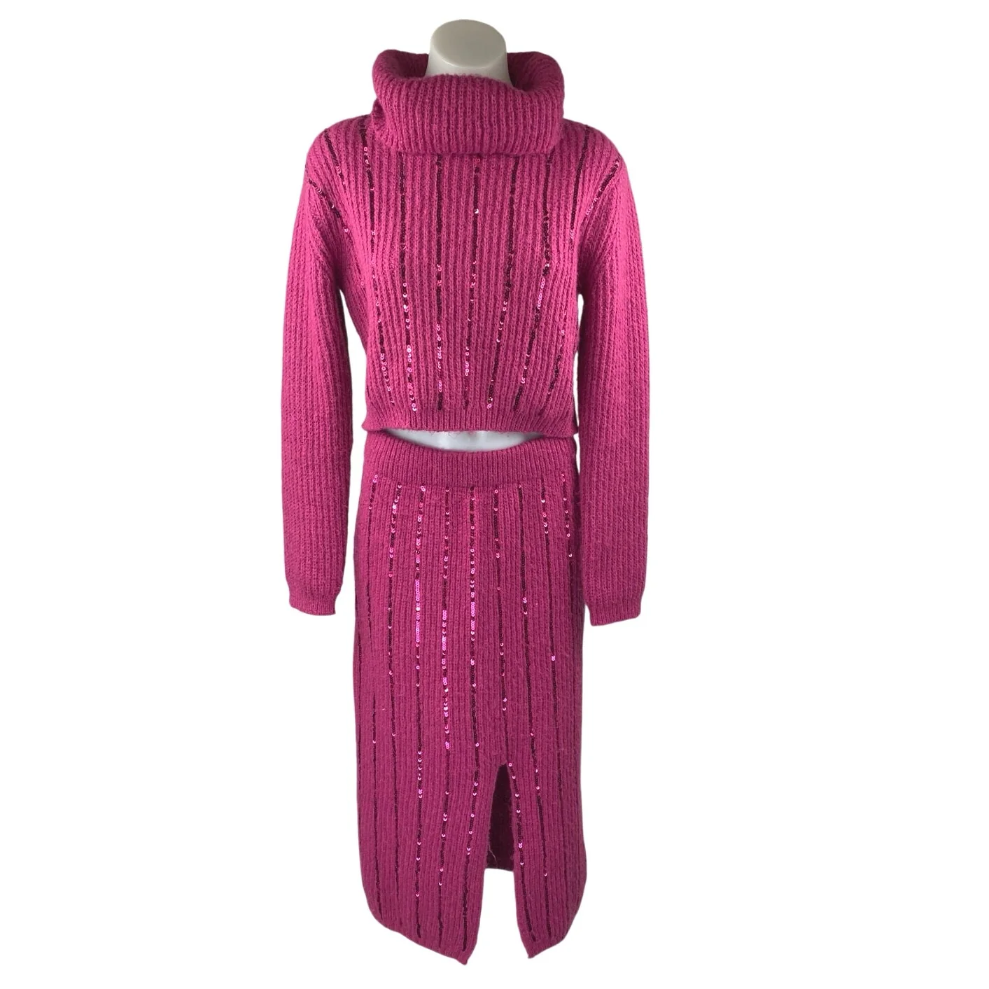 Cider Pink Wool Sequin Long Sleeve Knit 2pc Sweater Skirt Matching Set Size XS