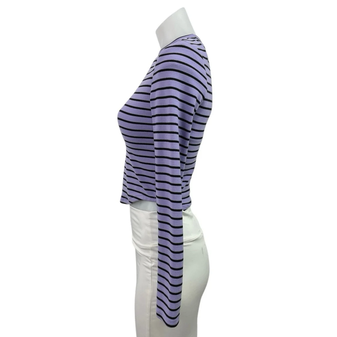 Cider Purple Black Stripe Crew Neck Long Sleeve Casual Crop Tee T-Shirt Top Sz S - Image 2