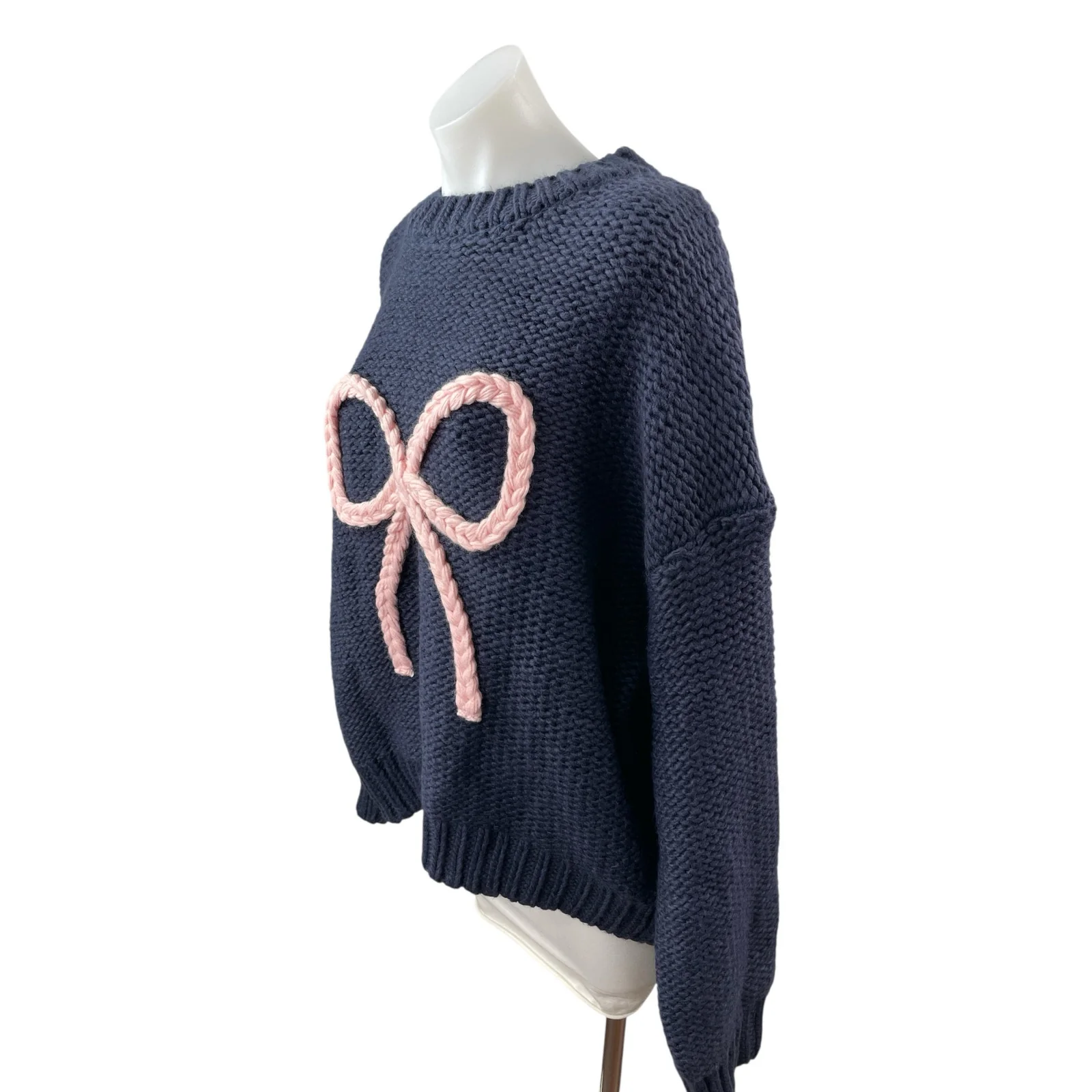 Cider Women Navy Blue Pink Ribbon Bow Braid Coquette Long Sleeve Sweater Top 3XL - Image 2