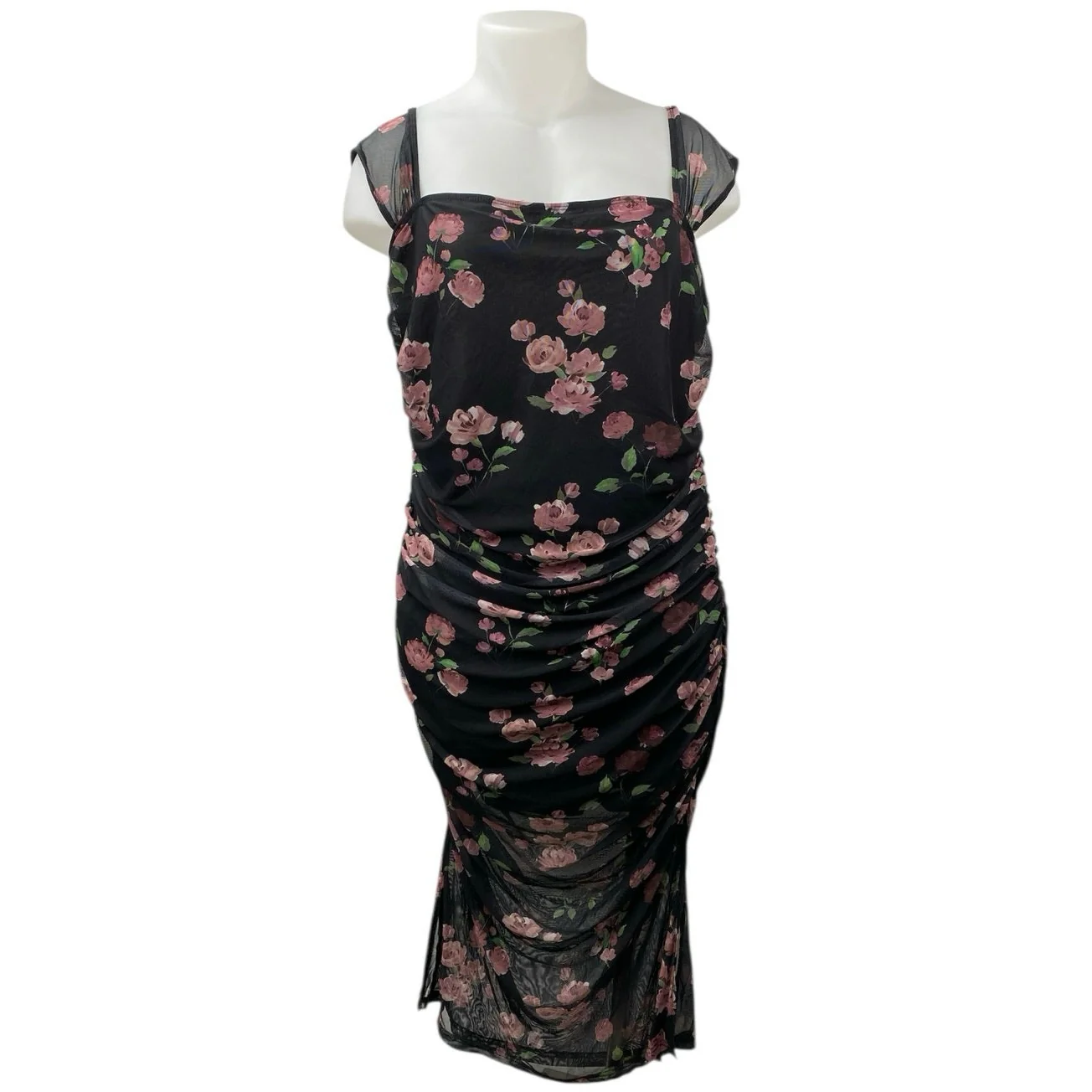 Cider Women's Black Floral Print Sleeveless Ruched Midi Bodycon Dress Size 3XL