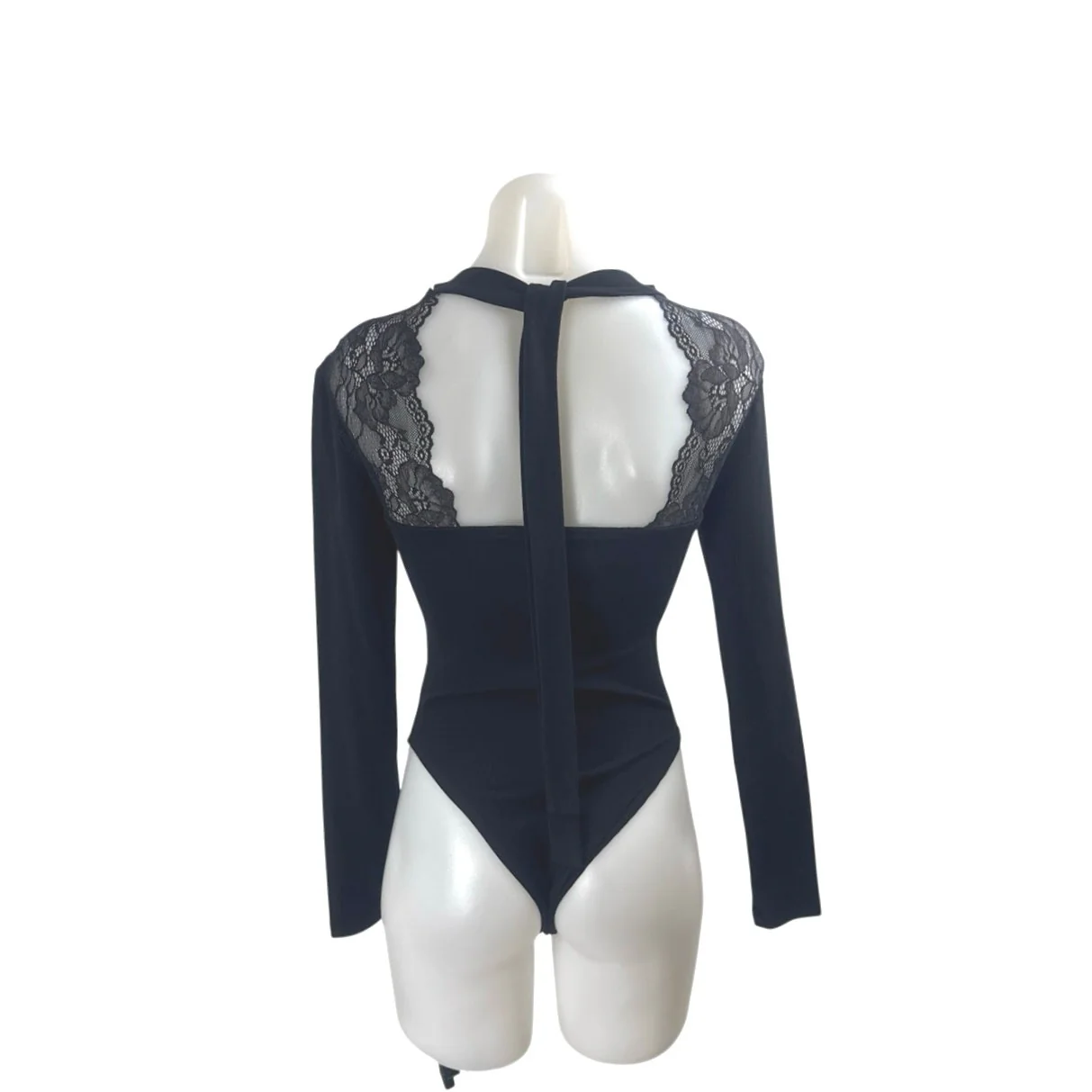 Cider Women's Black Lace V Neck Choker Cut Out Long Sleeve Sexy Bodysuit Top XS - Image 3