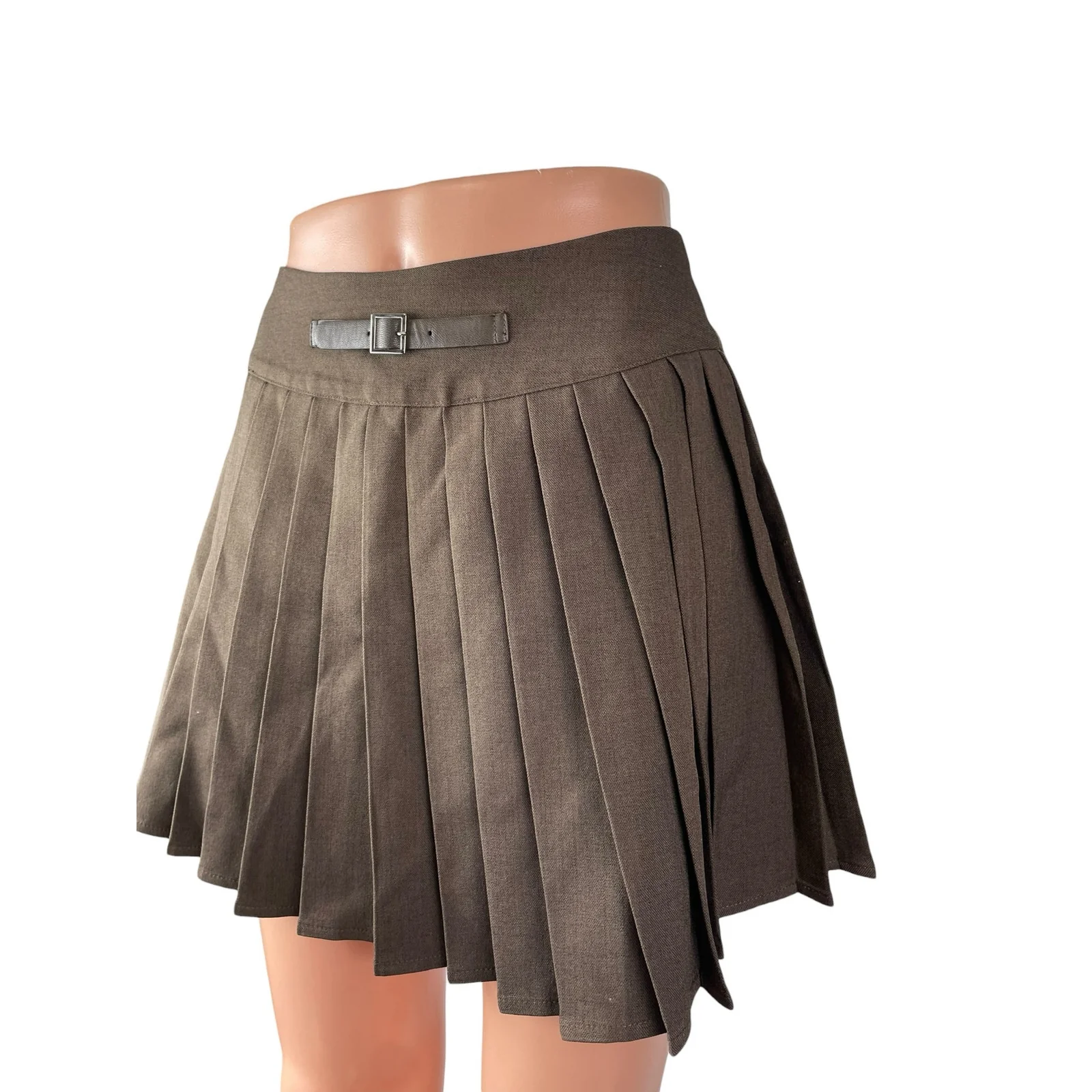 Cider Women's Brown Buckle Pleated High Waist Mini Skater Flare A-Line Skirt XS - Image 2