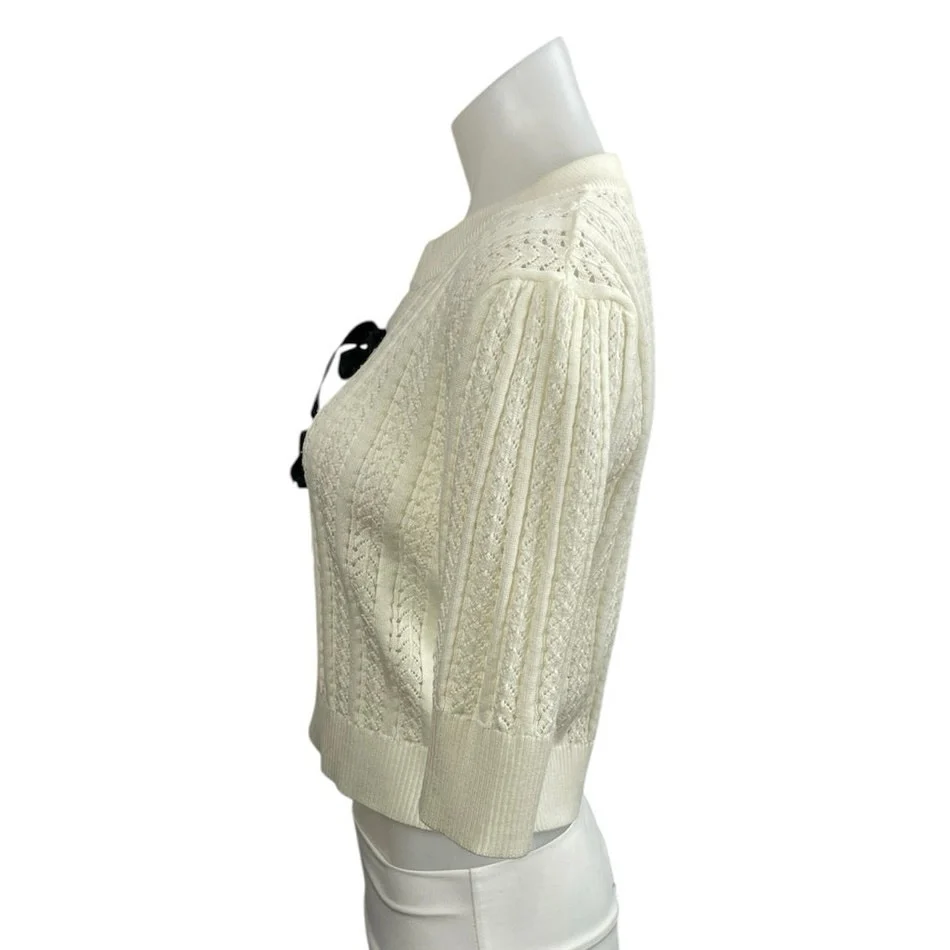 Cider Women's Cream Pointelle Crochet Bow Hald Sleeve Cardigan Sweater Top Sz L - Image 2