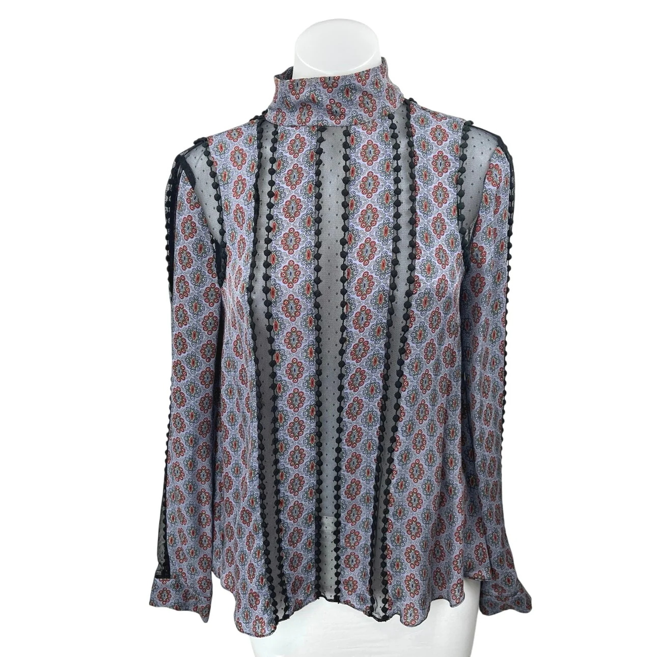 Cinq A Sept Multicolor 100% Silk Satin Floral Mesh Long Sleeve Blouse Top Size S