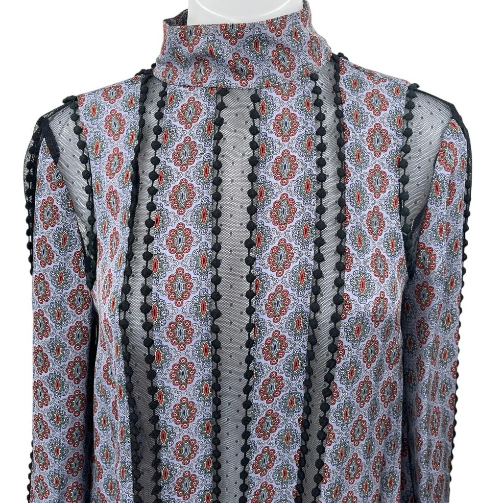 Cinq A Sept Multicolor 100% Silk Satin Floral Mesh Long Sleeve Blouse Top Size S - Image 3