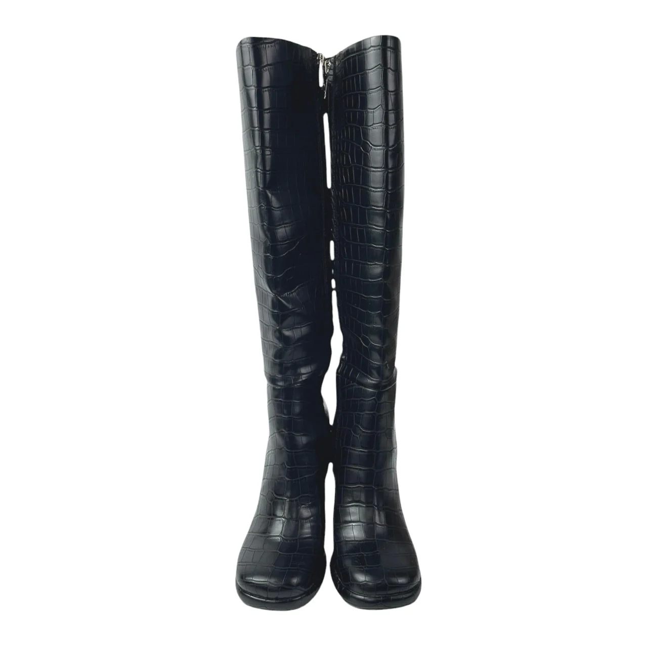Circus by Sam Edelman Black Croc Leather Zip Up Heeled Knee High Boots Size 5.5 - Image 2