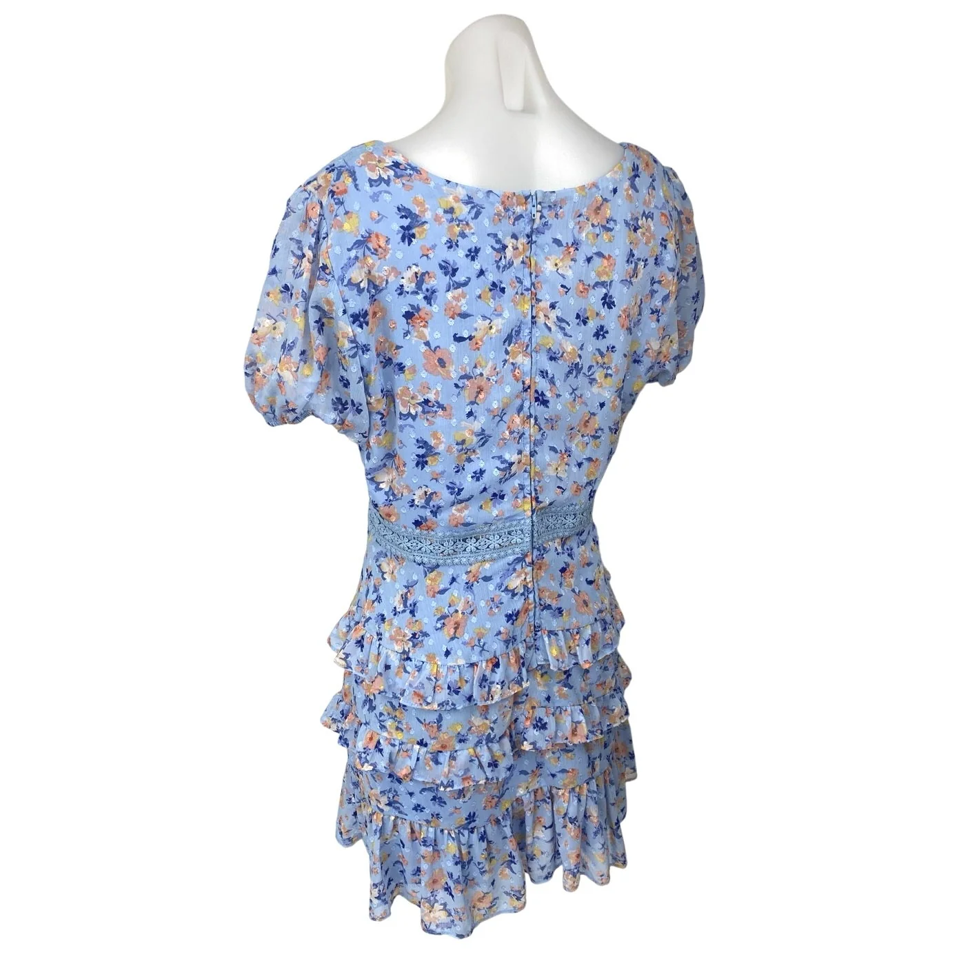 City Studio Blue Floral Lace Tiered Ruffle Flounce Puff Sleeve Mini Dress Size 11 - Image 2