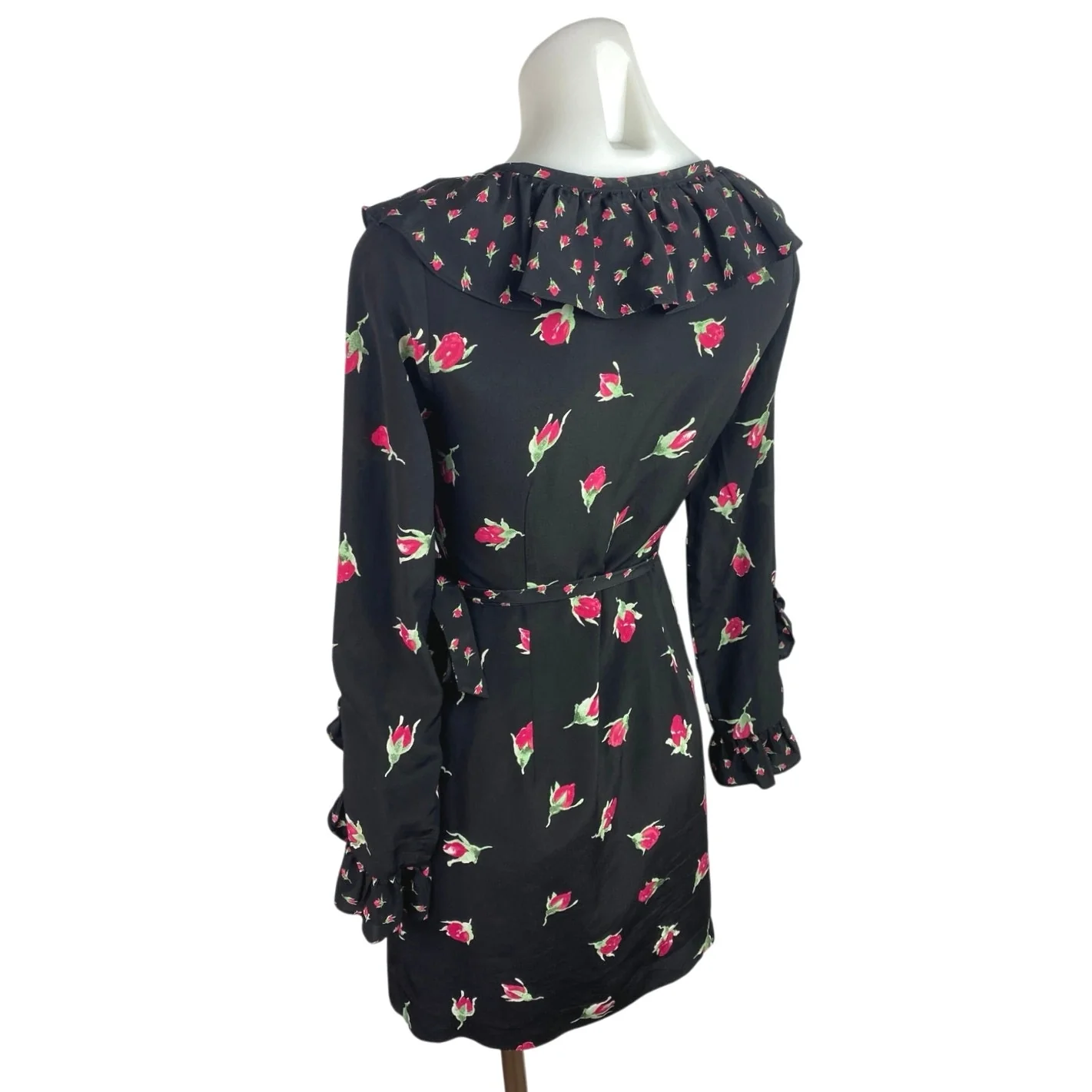 Club Monaco 100% Silk Black Floral Ruffle Long Sleeve V-Neck Mini Wrap Dress 0 - Image 2
