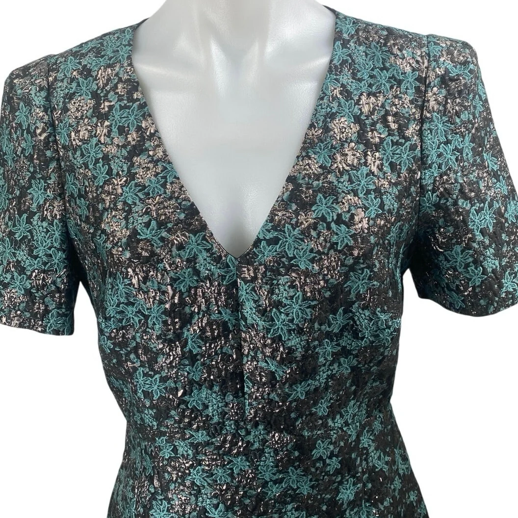 Club Monaco Black Blue Floral Short Sleeve V Neck Mini A Line Dress Size 6 - Image 3