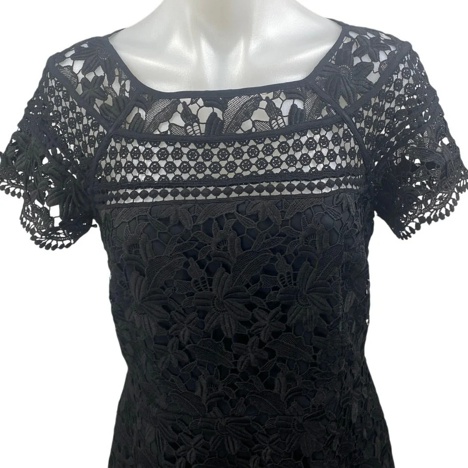 Club Monaco Black Floral Lace Short Sleeve Embroidered Mini Sheath Dress Size 6 - Image 3