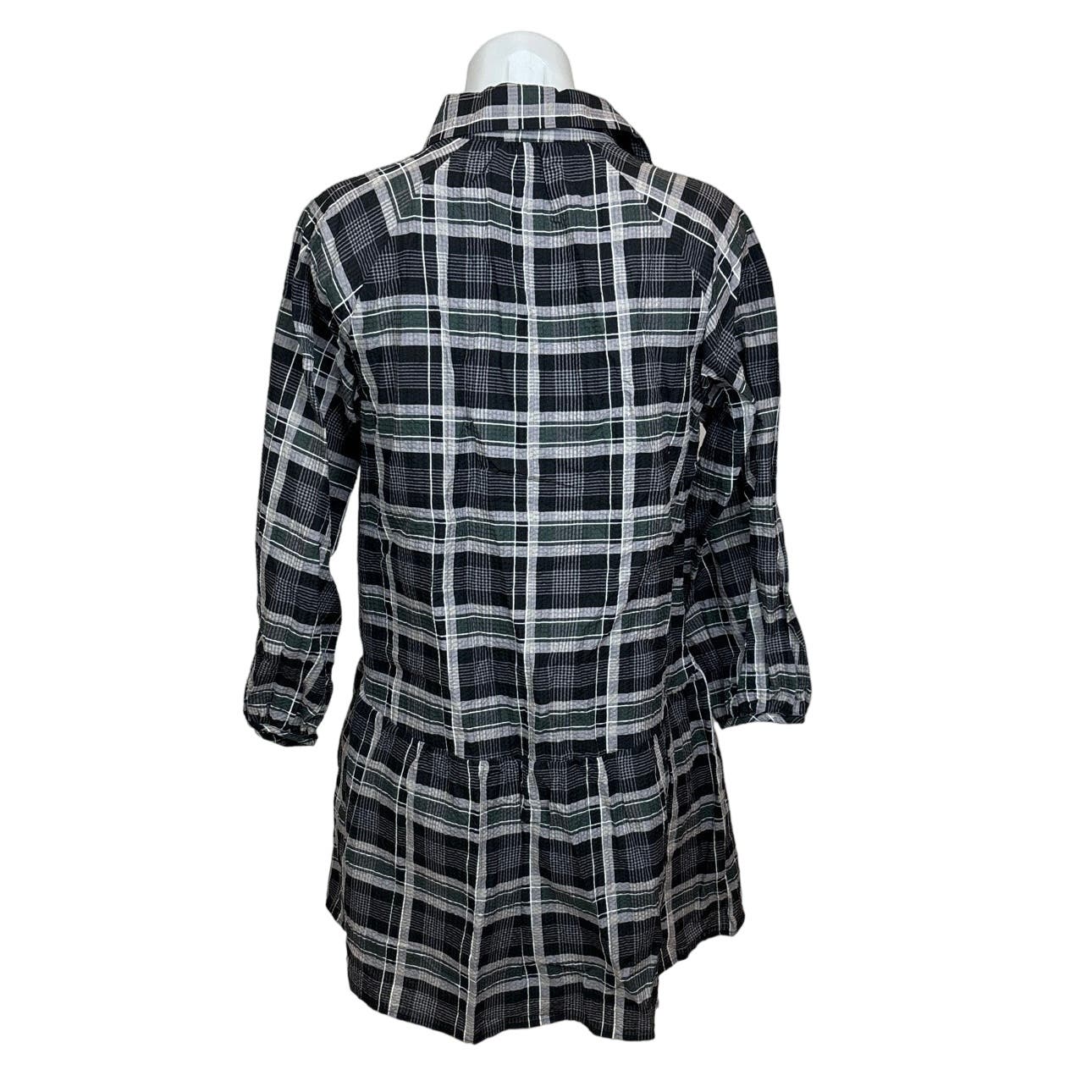 Club Monaco Black Gray Linen Blend Plaid Mini Puff Sleeve Shirt Dress Size XS - Image 3