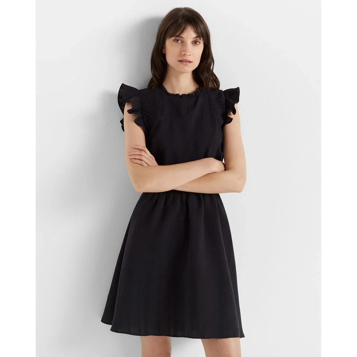 Club Monaco Black Ruffle Pintucked Crew Neck Cocktail A Line Mini Dress Size 00 - Image 2