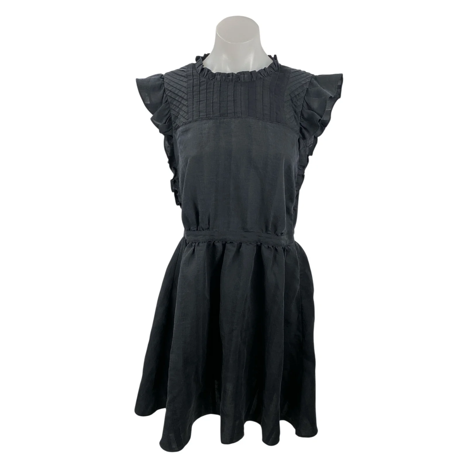 Club Monaco Black Ruffle Sleeve Mock Neck Pintucked Fit & Flare Mini Dress Sz 6