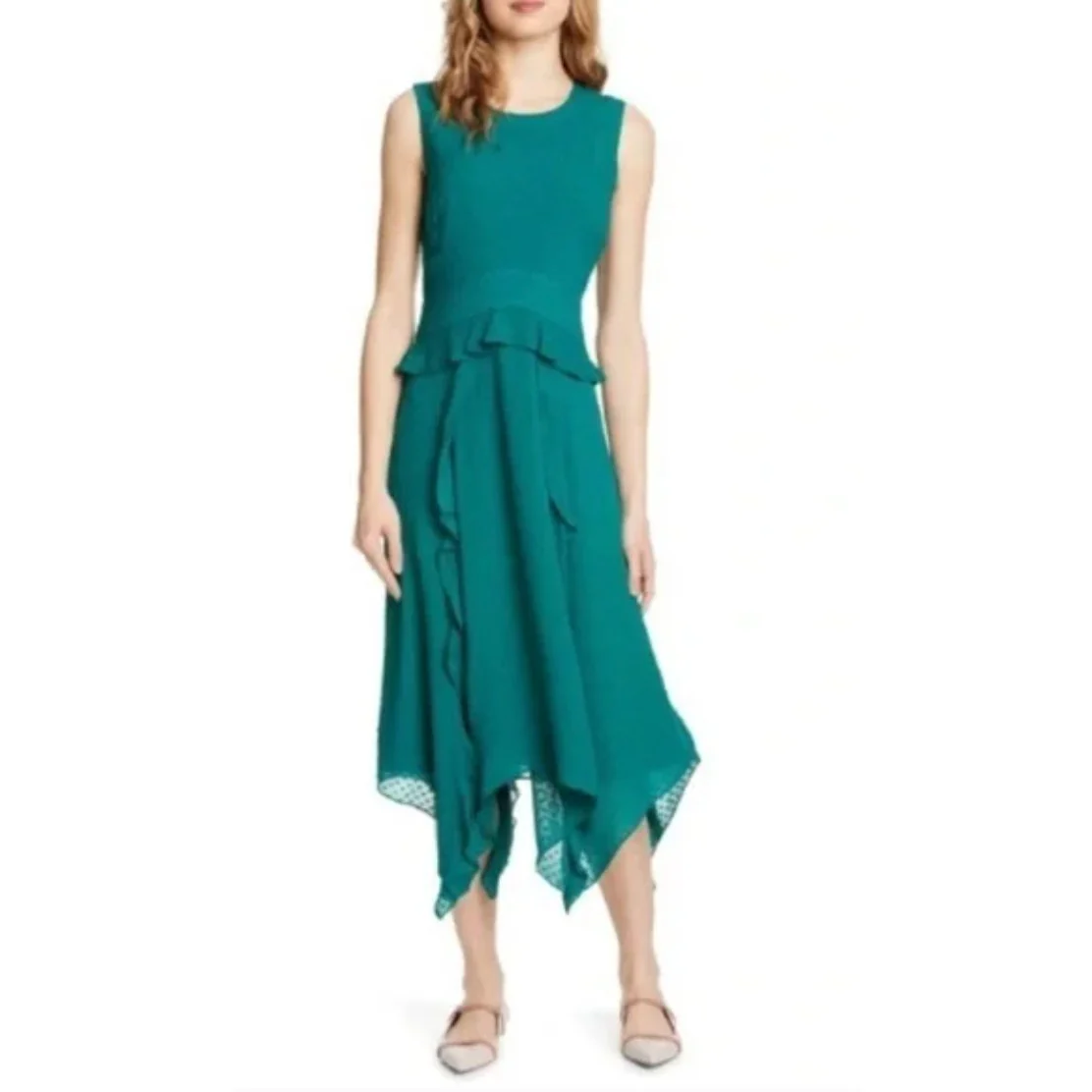 Club Monaco Green Sleeveless Swiss Dot Ruffle Asymmetric Midi A Line Dress Sz 2 - Image 5