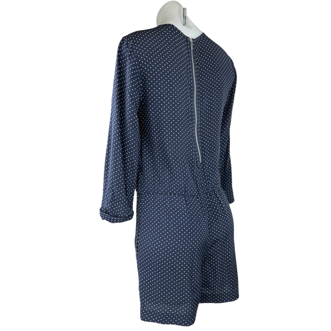 Club Monaco Navy Blue White Polka Dots Long Sleeve Crew Neck Romper Shorts Sz S - Image 2