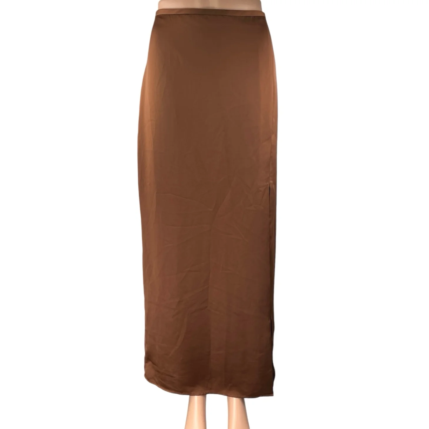 Club Monaco Trycia Brown Silk Satin Slit Zip Midi Straight Pencil Slip Skirt 8